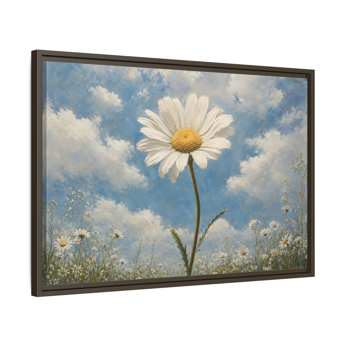 Side Mockup 11. Floral Daisy White Daisy Blue Sky shown as stretched canvas wall art