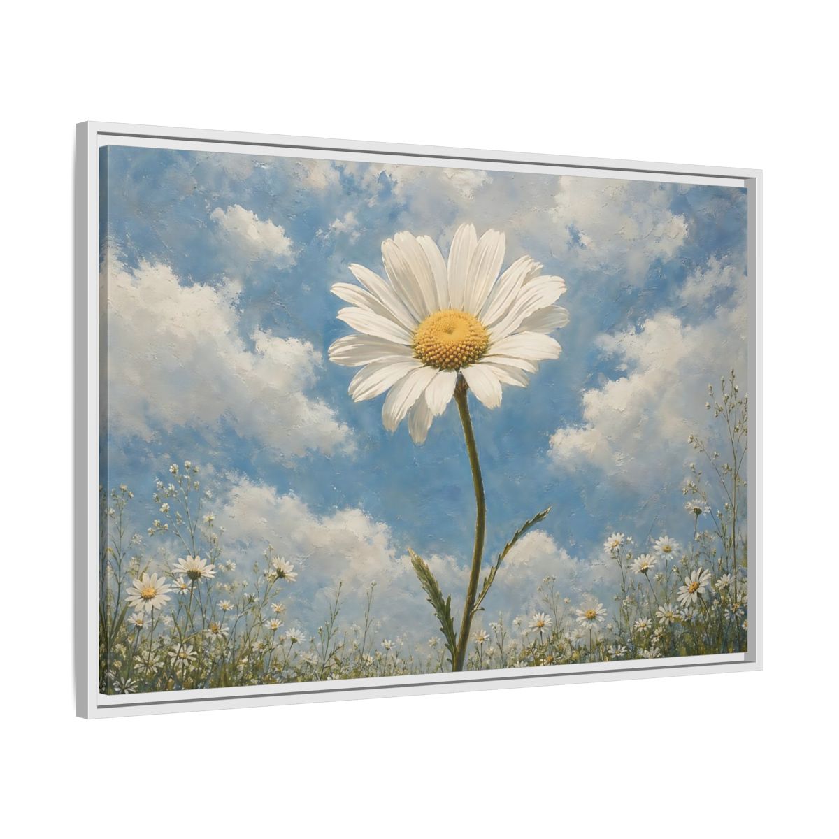 Side Mockup 9. Floral Daisy White Daisy Blue Sky shown as stretched canvas wall art