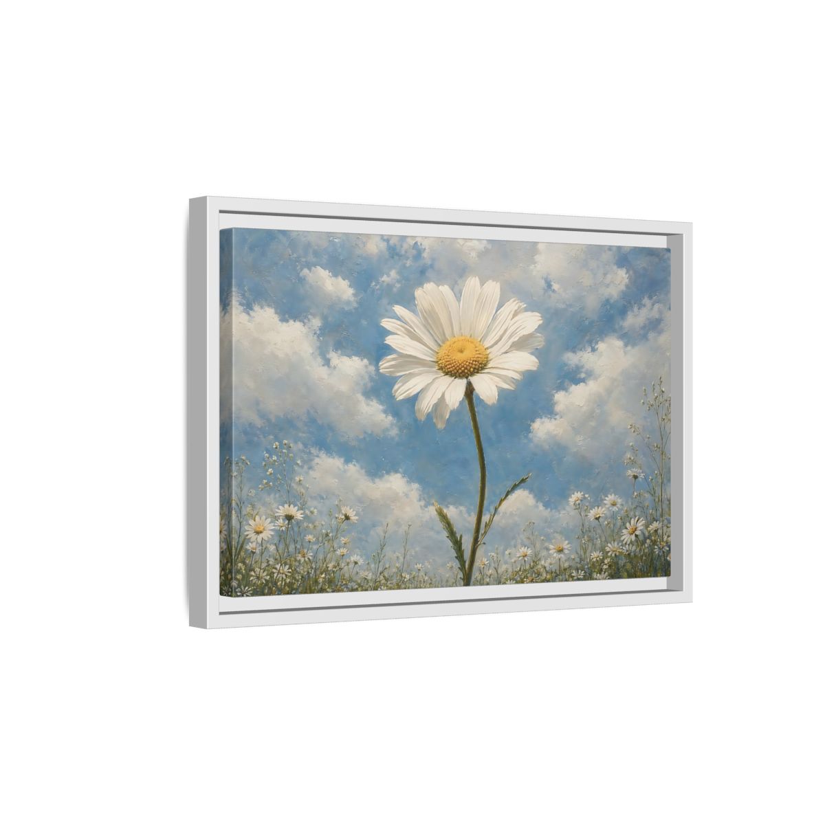 Side Mockup 4. Floral Daisy White Daisy Blue Sky shown as stretched canvas wall art