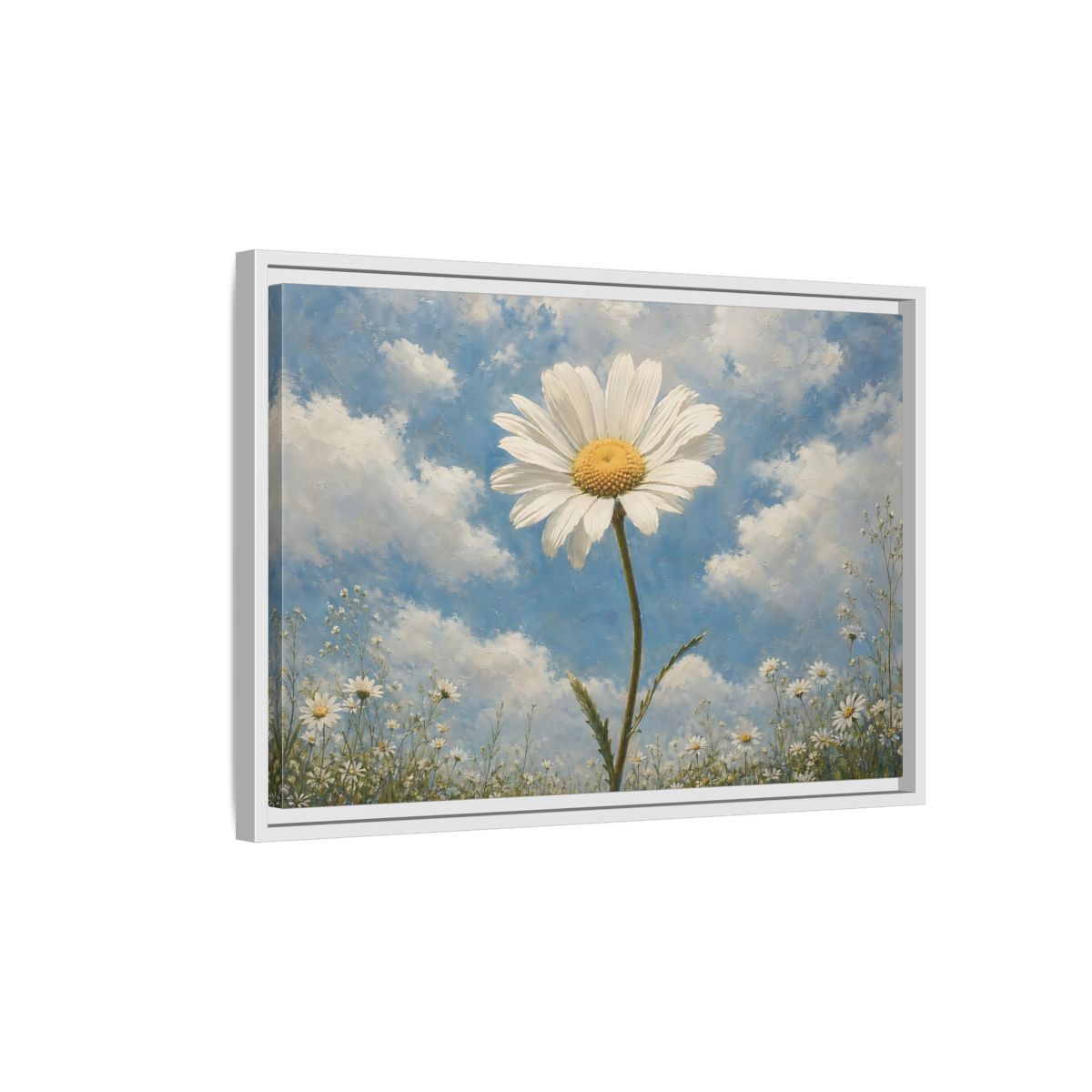 Side Mockup 1. Floral Daisy White Daisy Blue Sky shown as stretched canvas wall art