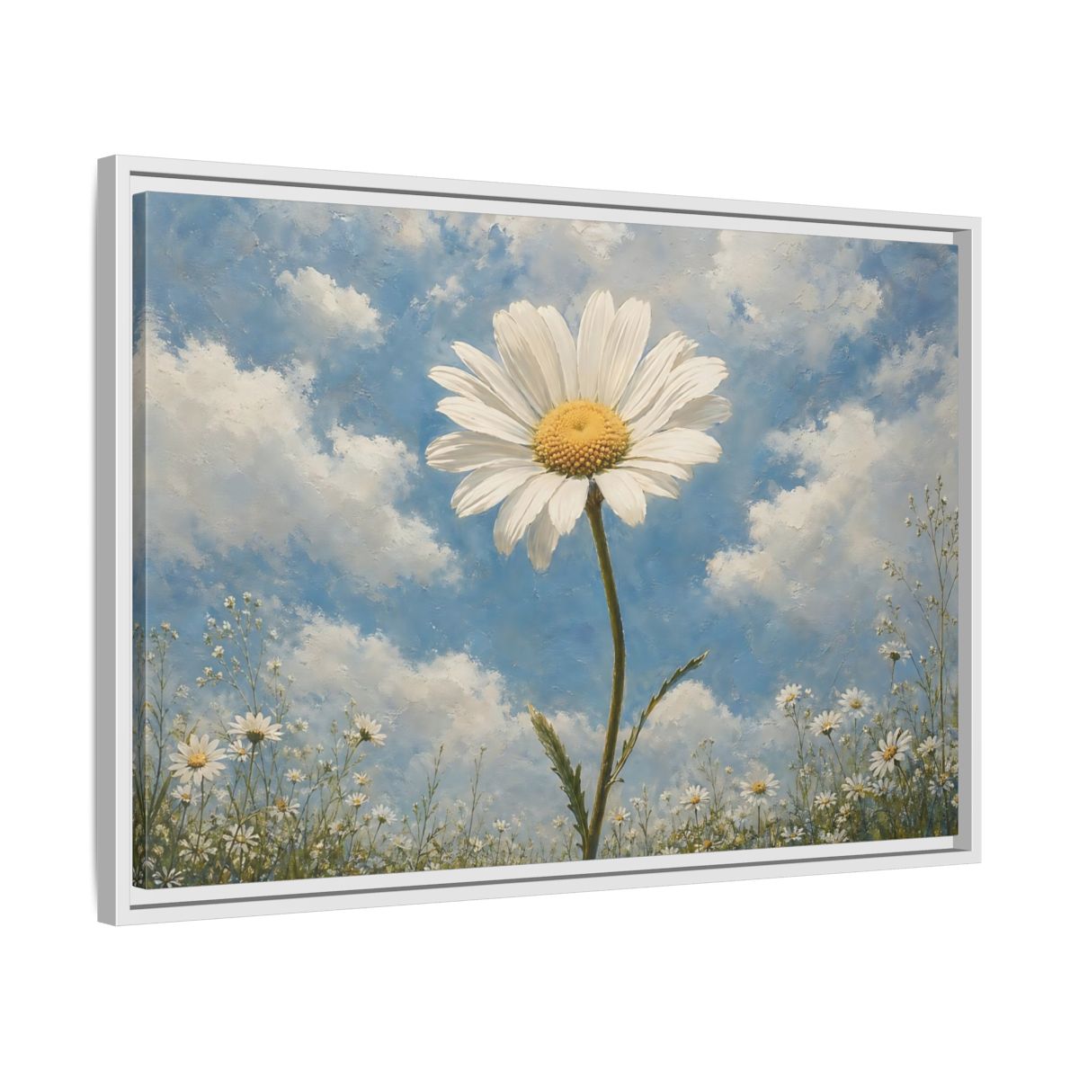 Side Mockup 10. Floral Daisy White Daisy Blue Sky shown as stretched canvas wall art