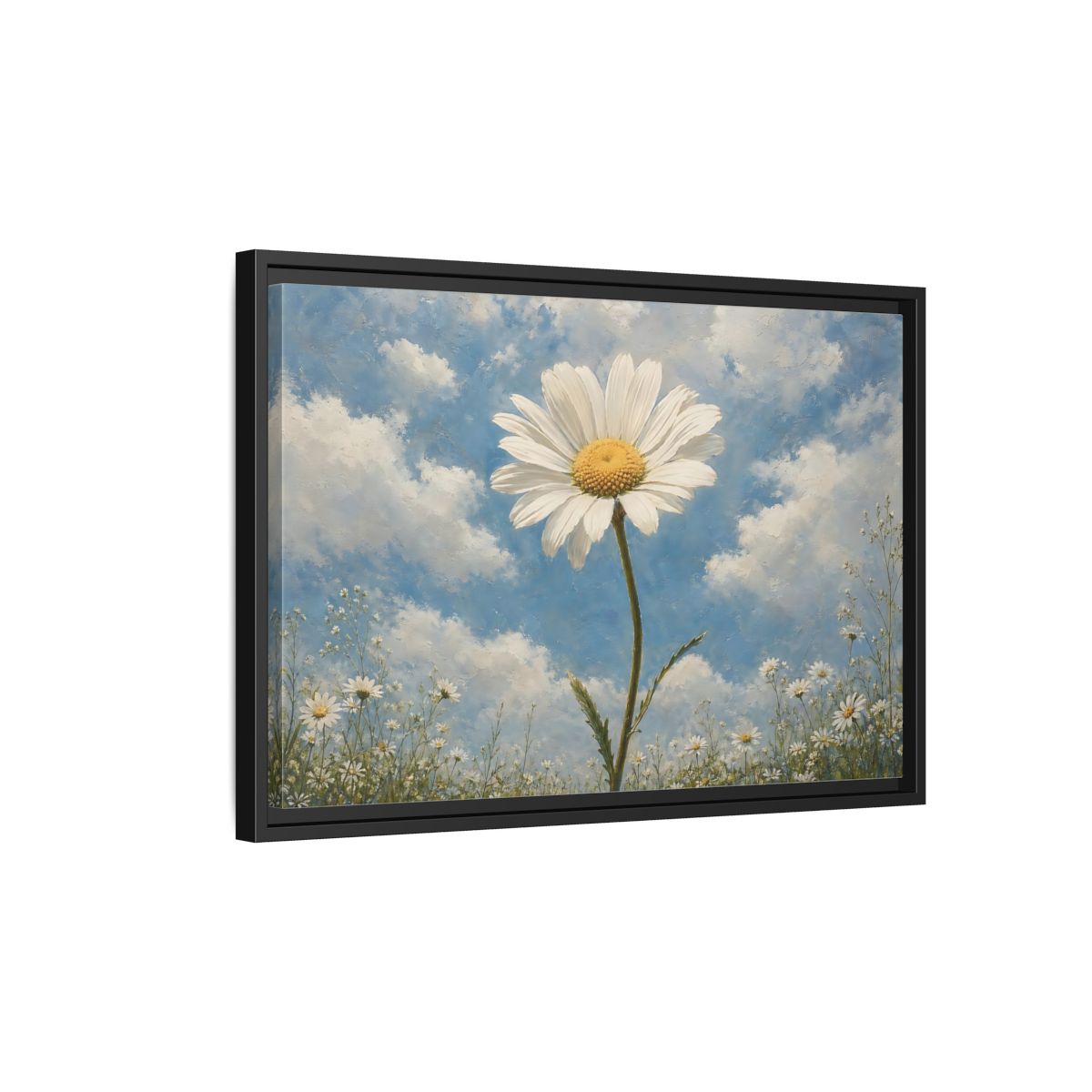 Side Mockup 3. Floral Daisy White Daisy Blue Sky shown as stretched canvas wall art