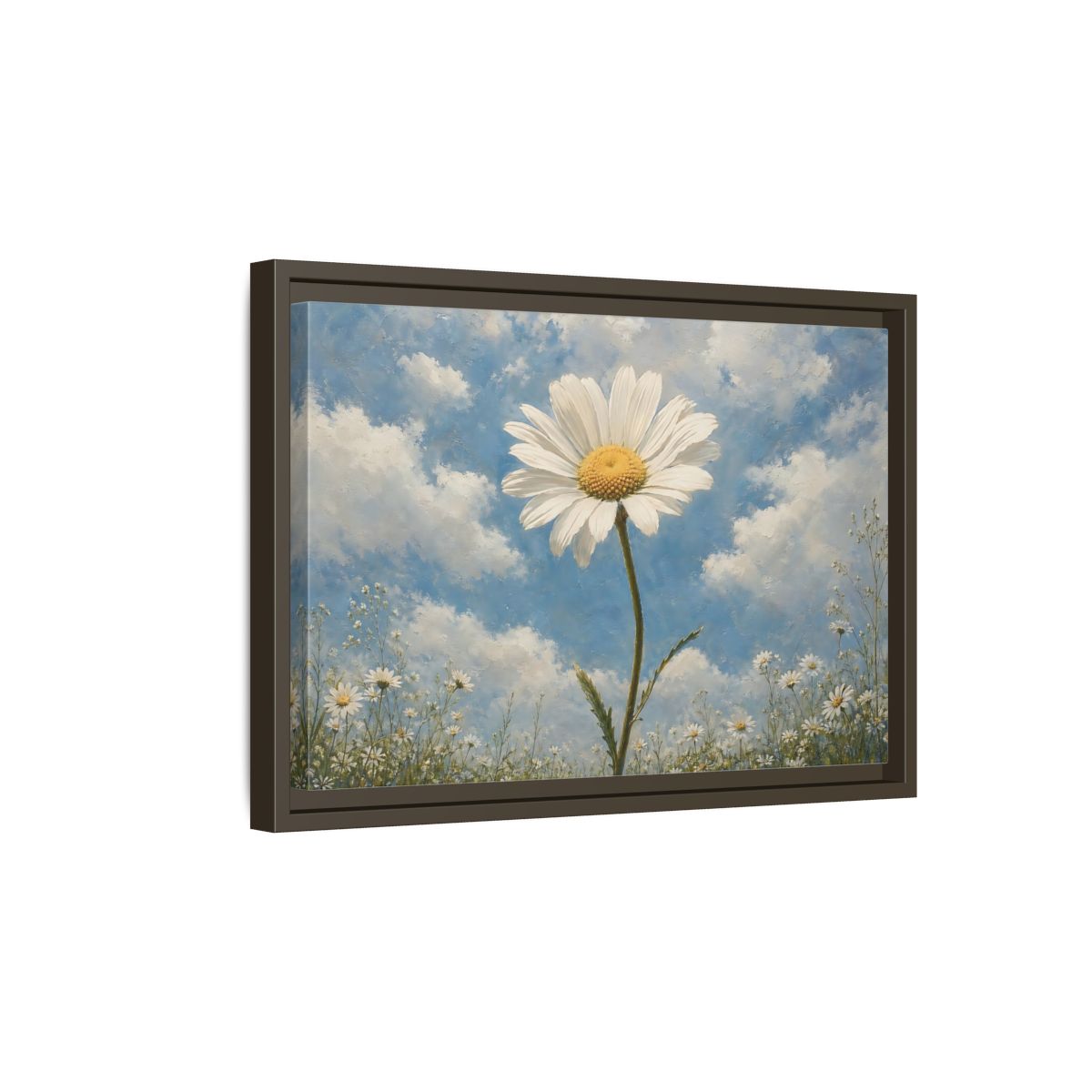 Side Mockup 5. Floral Daisy White Daisy Blue Sky shown as stretched canvas wall art