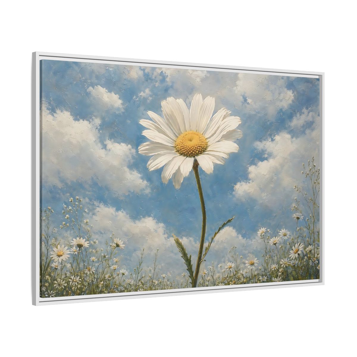 Side Mockup 7. Floral Daisy White Daisy Blue Sky shown as stretched canvas wall art