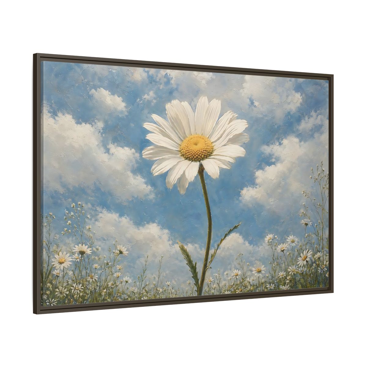 Side Mockup 8. Floral Daisy White Daisy Blue Sky shown as stretched canvas wall art