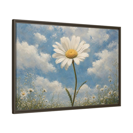 Main Mockup. Floral Daisy White Daisy Blue Sky shown as stretched canvas wall art