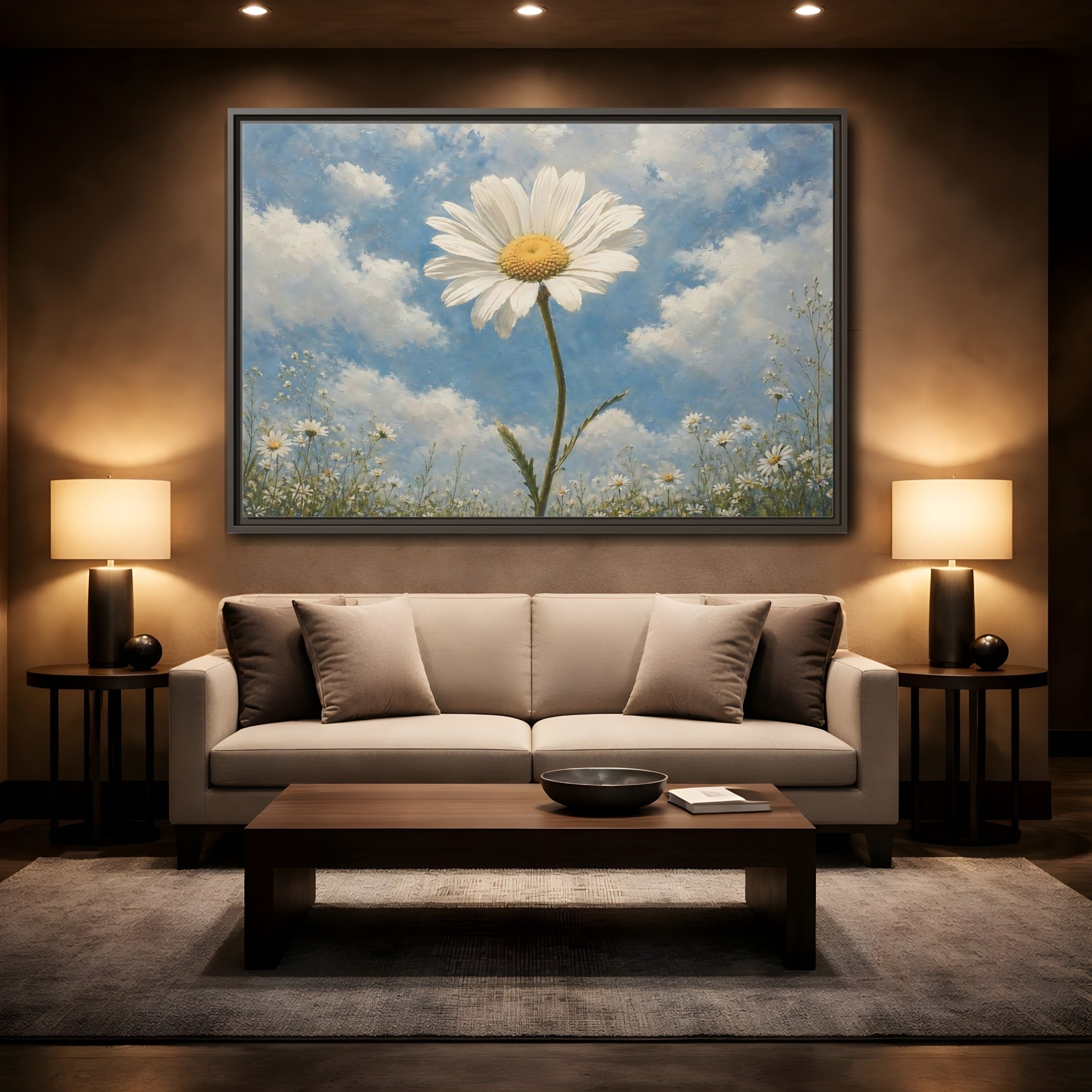 Mockup 2. Floral Daisy White Daisy Blue Sky shown as stretched canvas wall art