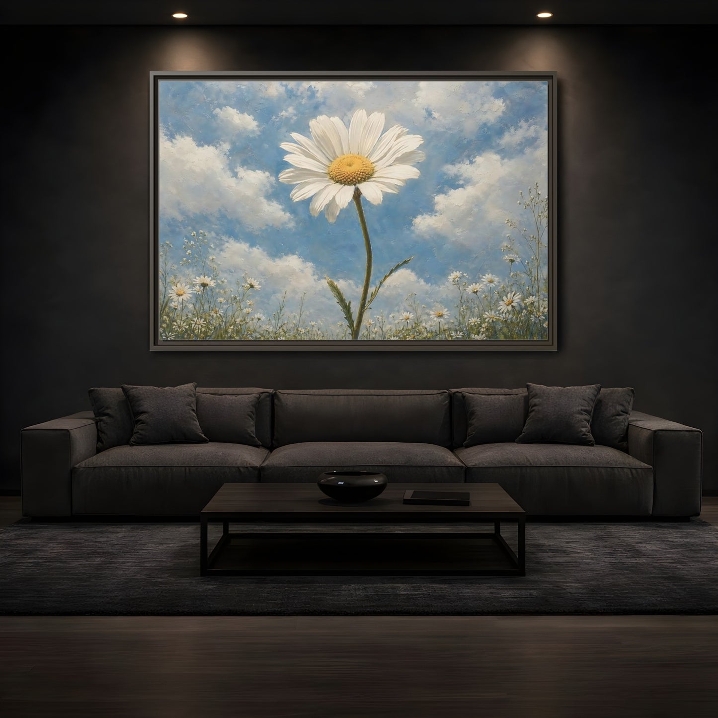 Mockup 3. Floral Daisy White Daisy Blue Sky shown as stretched canvas wall art