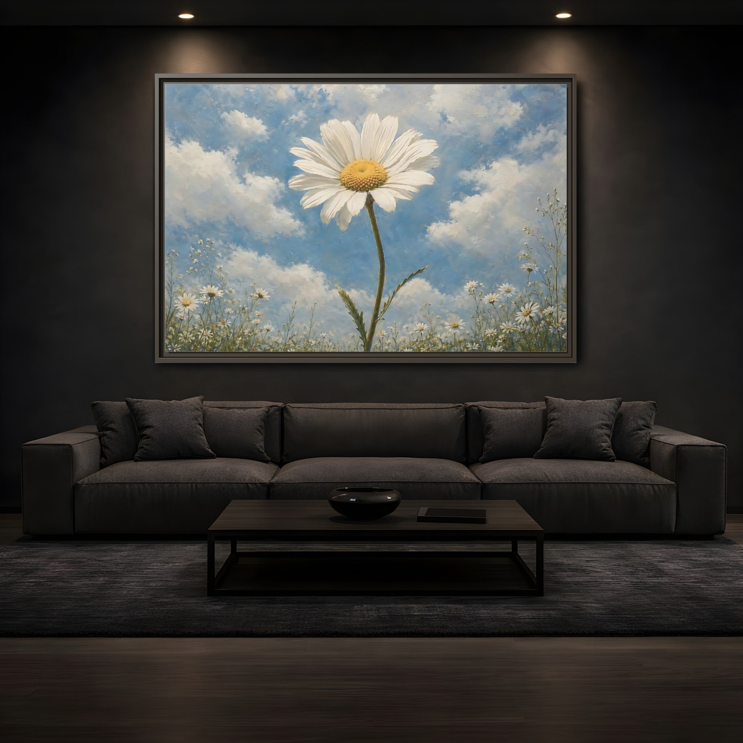 Mockup 3. Floral Daisy White Daisy Blue Sky shown as stretched canvas wall art