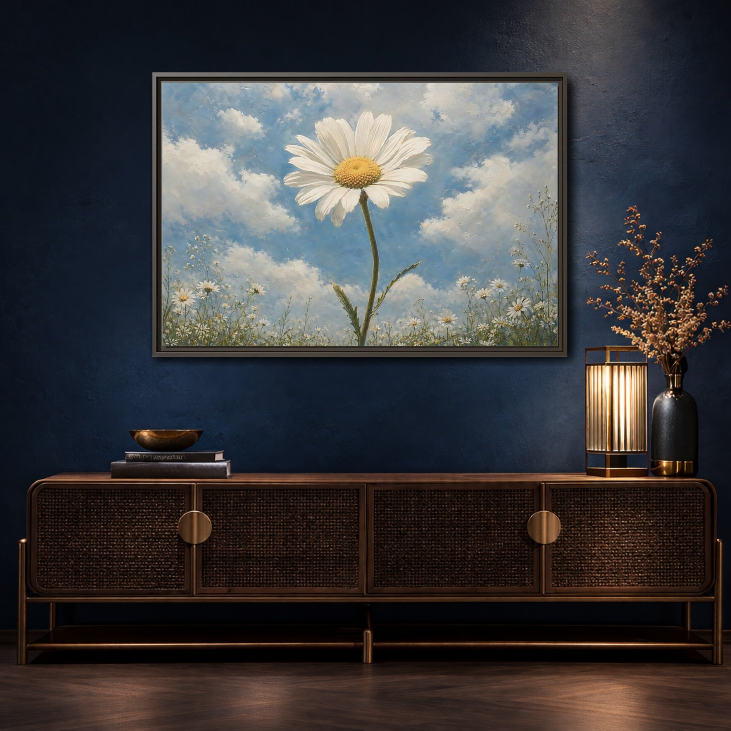 Mockup 4. Floral Daisy White Daisy Blue Sky shown as stretched canvas wall art