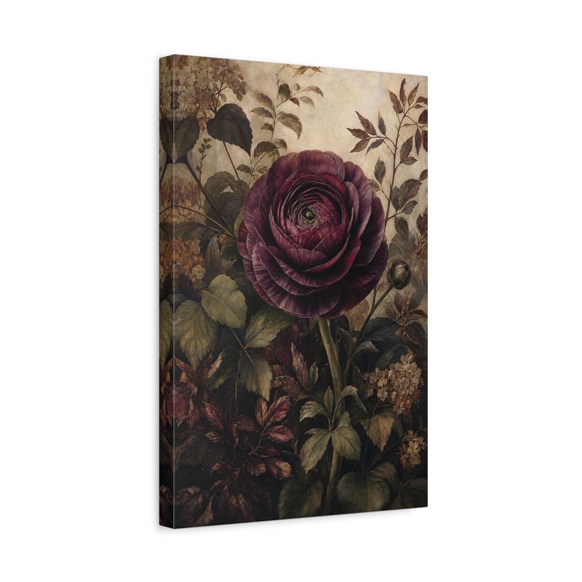 Side Mockup 4. Floral Dark Peony Dark Floral shown as stretched canvas wall art