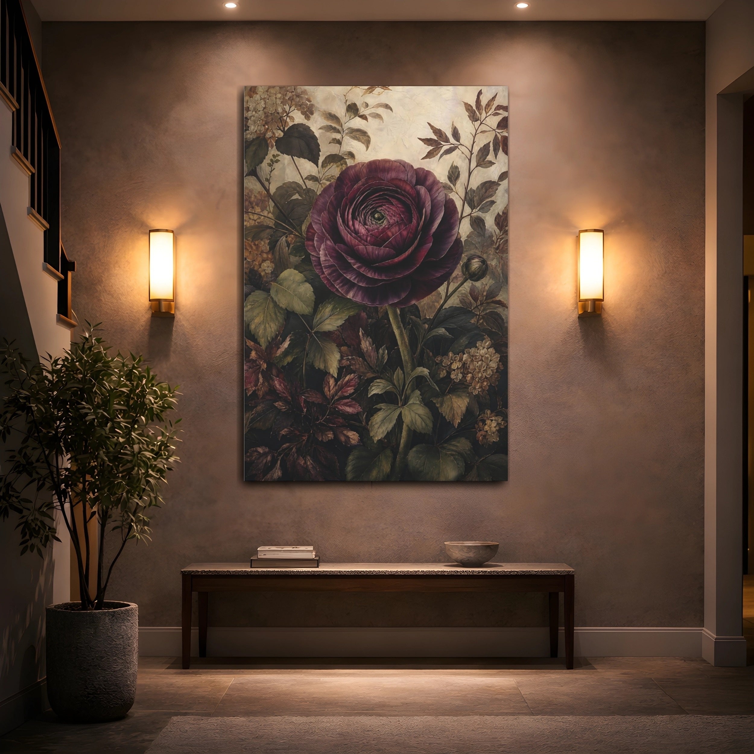 Mockup 2. Floral Dark Peony Dark Floral shown as stretched canvas wall art