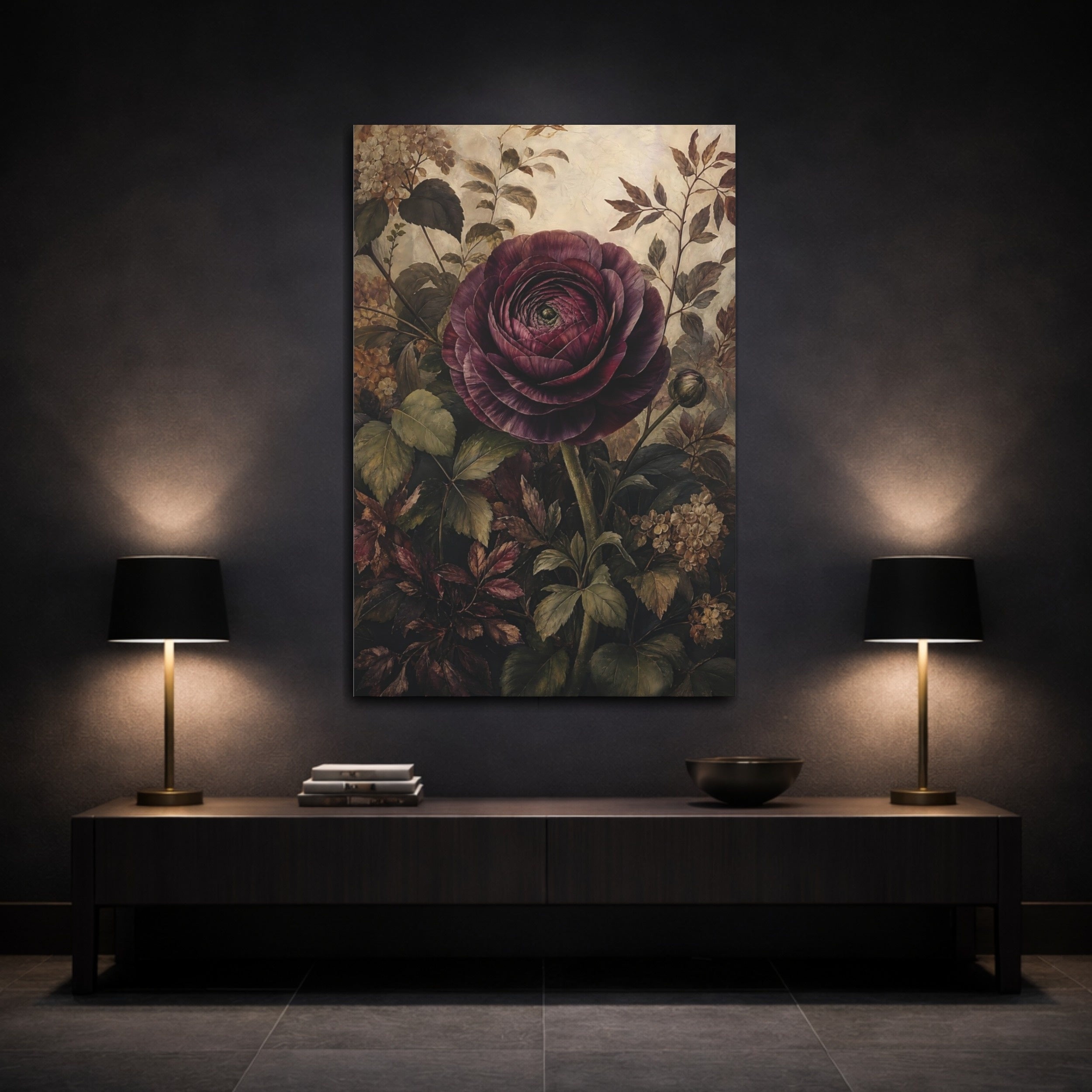 Mockup 3. Floral Dark Peony Dark Floral shown as stretched canvas wall art
