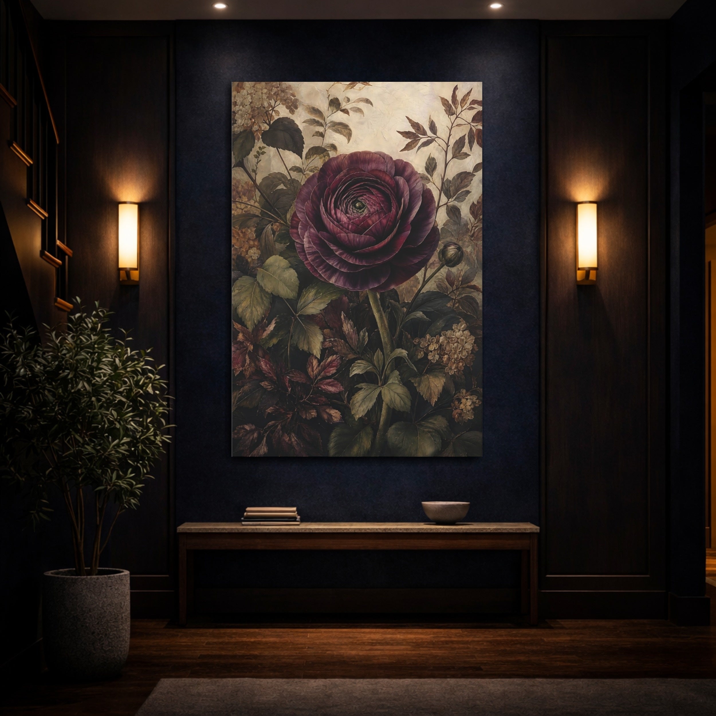 Mockup 4. Floral Dark Peony Dark Floral shown as stretched canvas wall art