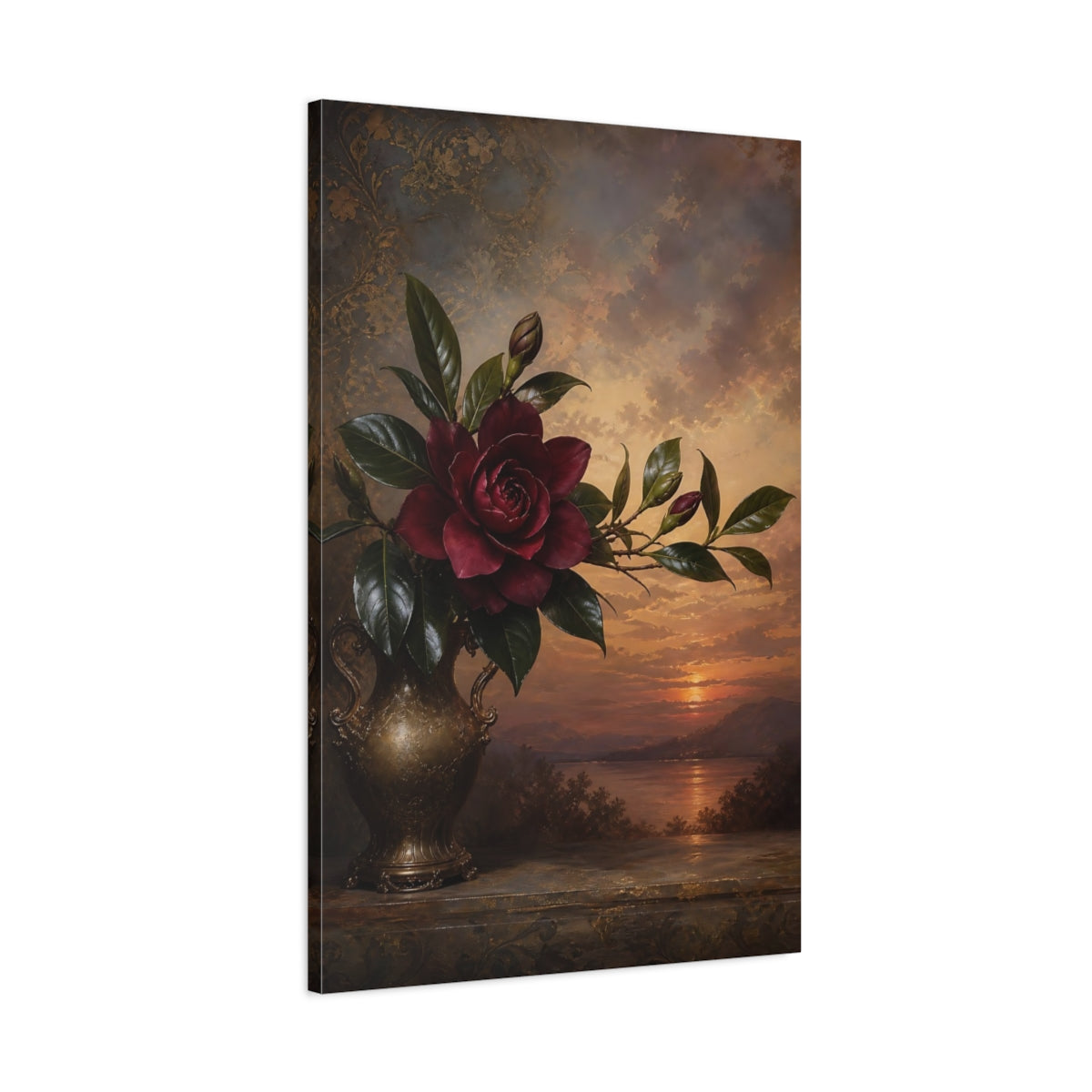 Main Mockup. Floral Dark Rose Burgundy Gold Sunset shown as stretched canvas wall art