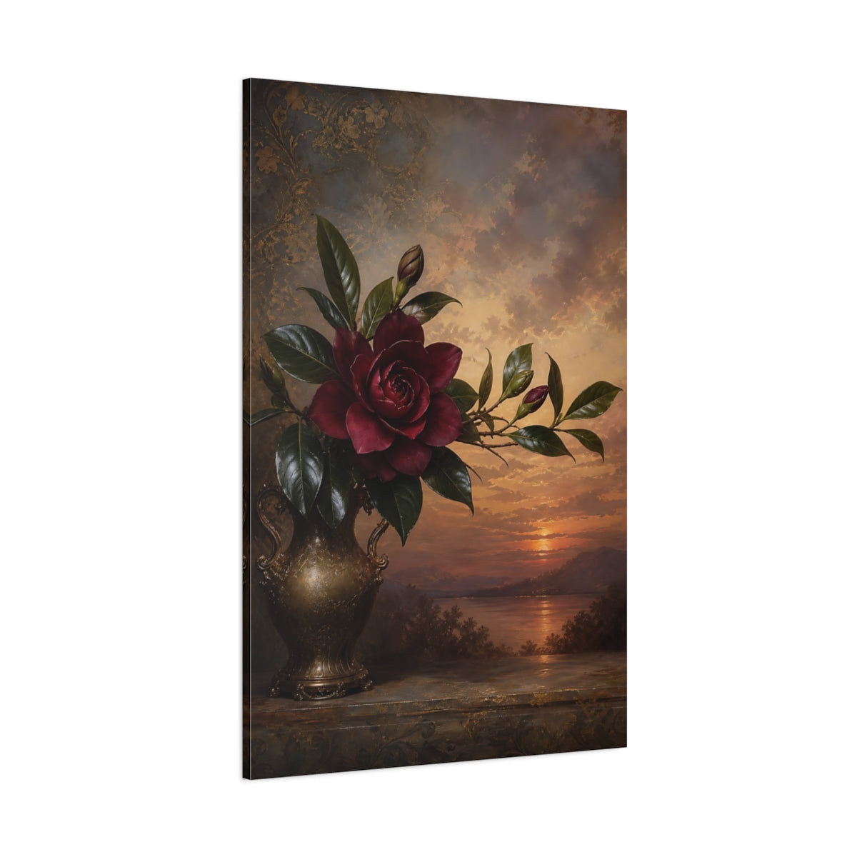 Side Mockup 1. Floral Dark Rose Burgundy Gold Sunset shown as stretched canvas wall art