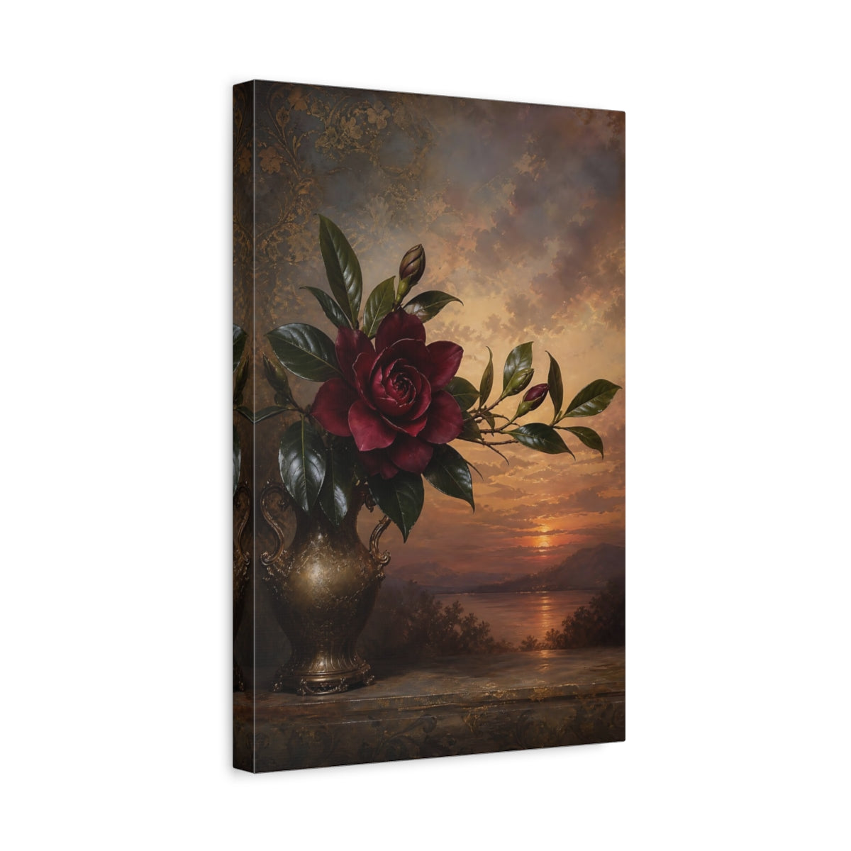 Side Mockup 4. Floral Dark Rose Burgundy Gold Sunset shown as stretched canvas wall art