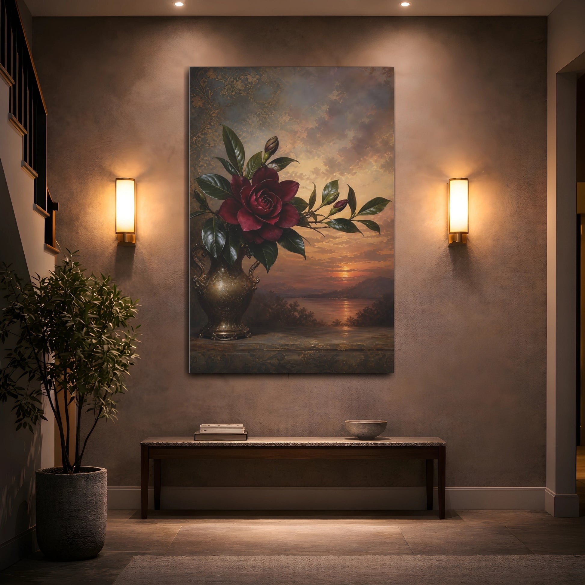 Mockup 2. Floral Dark Rose Burgundy Gold Sunset shown as stretched canvas wall art