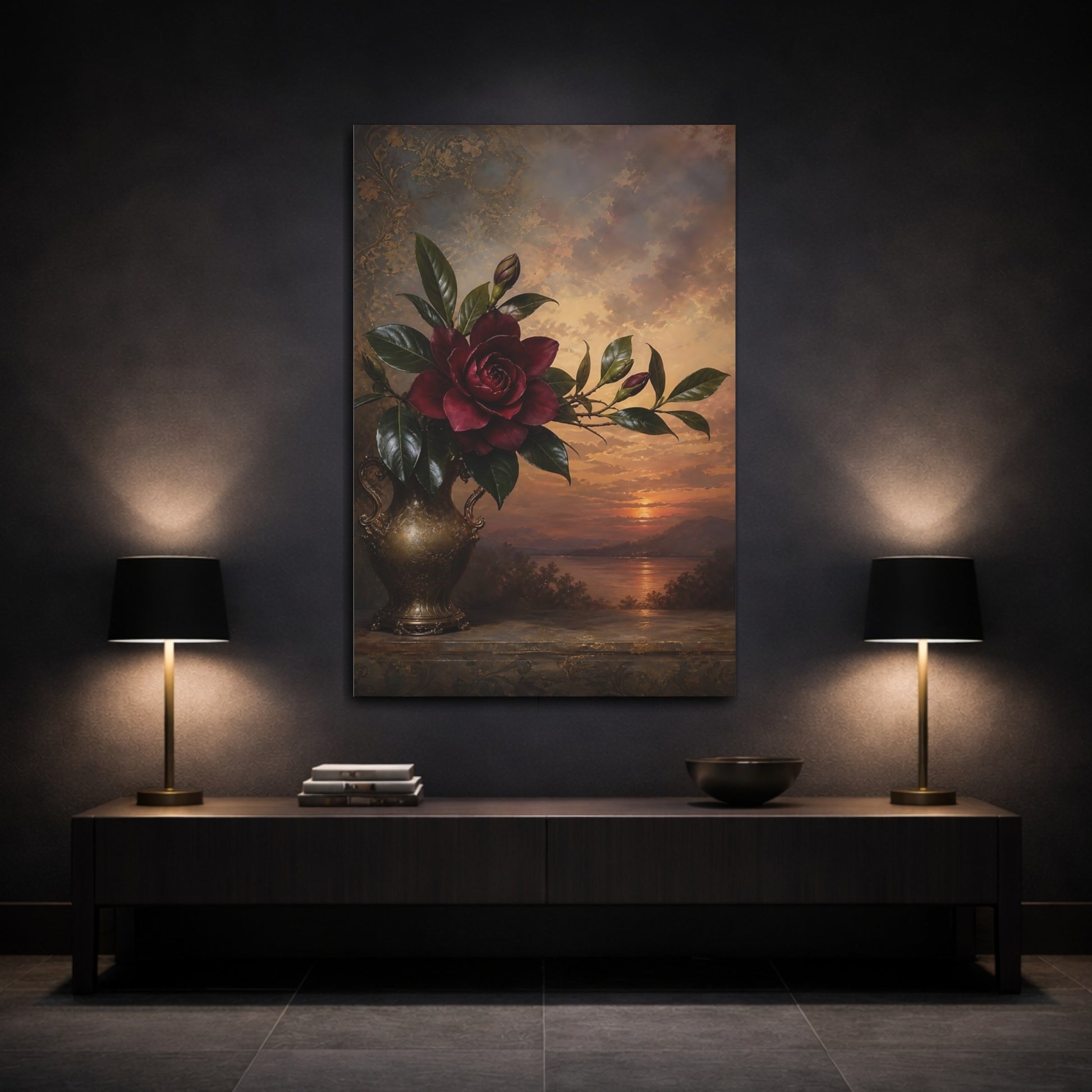 Mockup 3. Floral Dark Rose Burgundy Gold Sunset shown as stretched canvas wall art