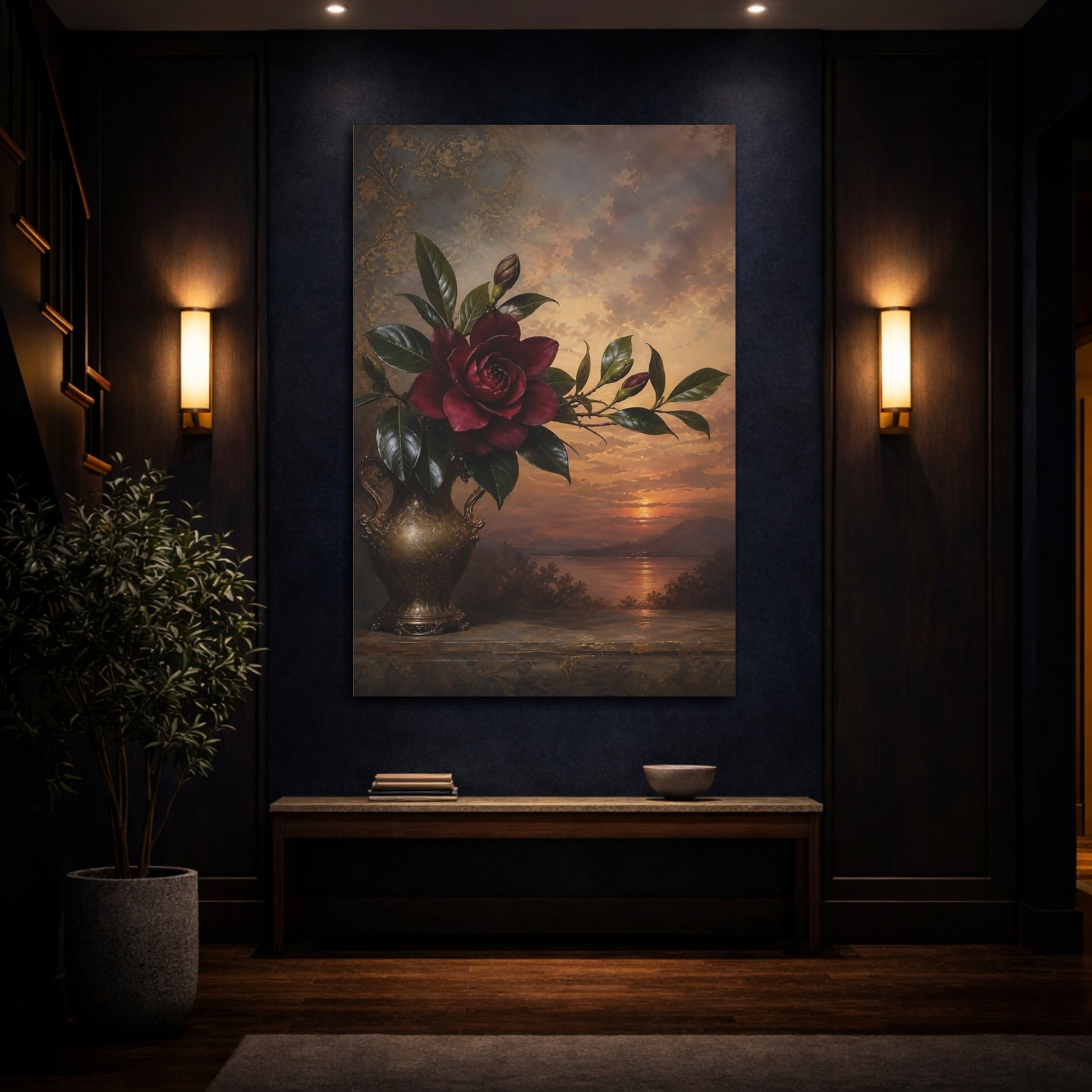 Mockup 4. Floral Dark Rose Burgundy Gold Sunset shown as stretched canvas wall art