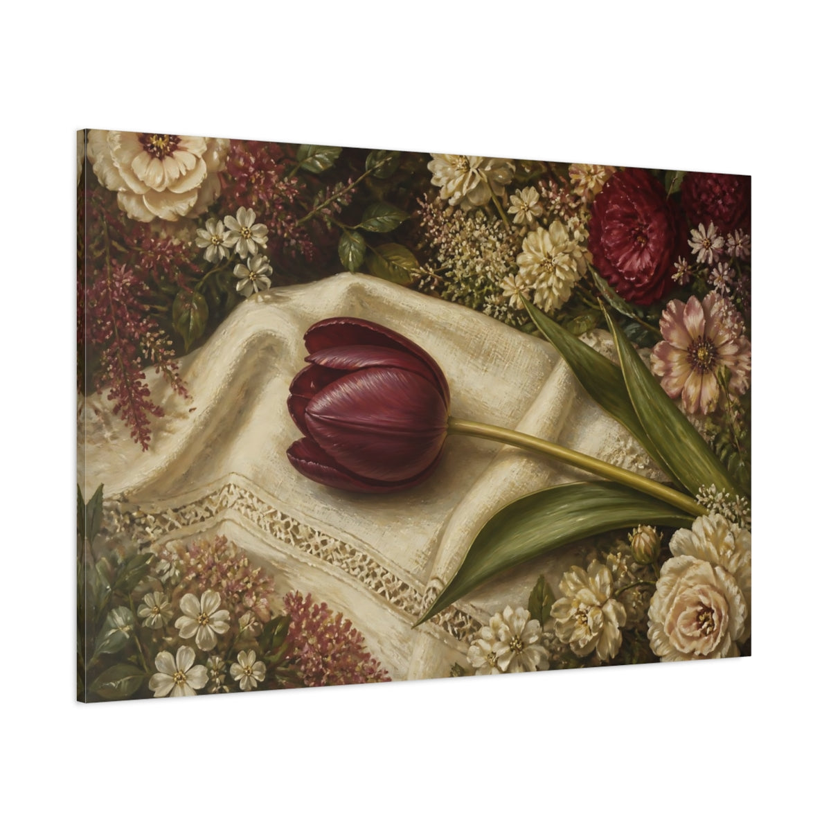 Side Mockup 1. Floral Dark Tulip Dark Tulip Floral shown as stretched canvas wall art