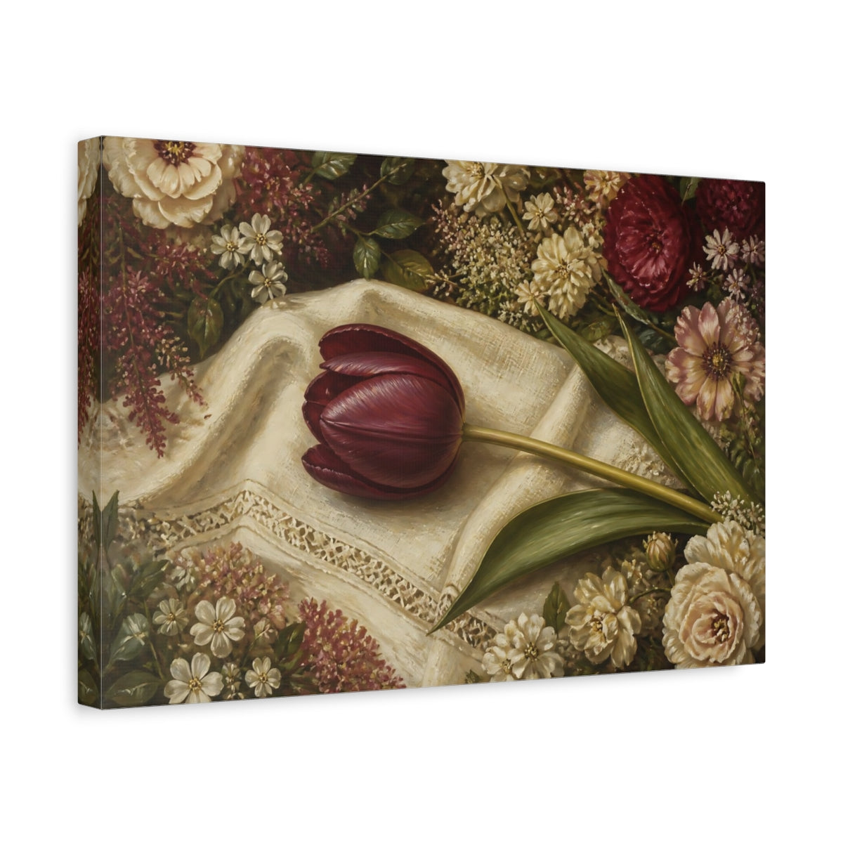 Side Mockup 4. Floral Dark Tulip Dark Tulip Floral shown as stretched canvas wall art
