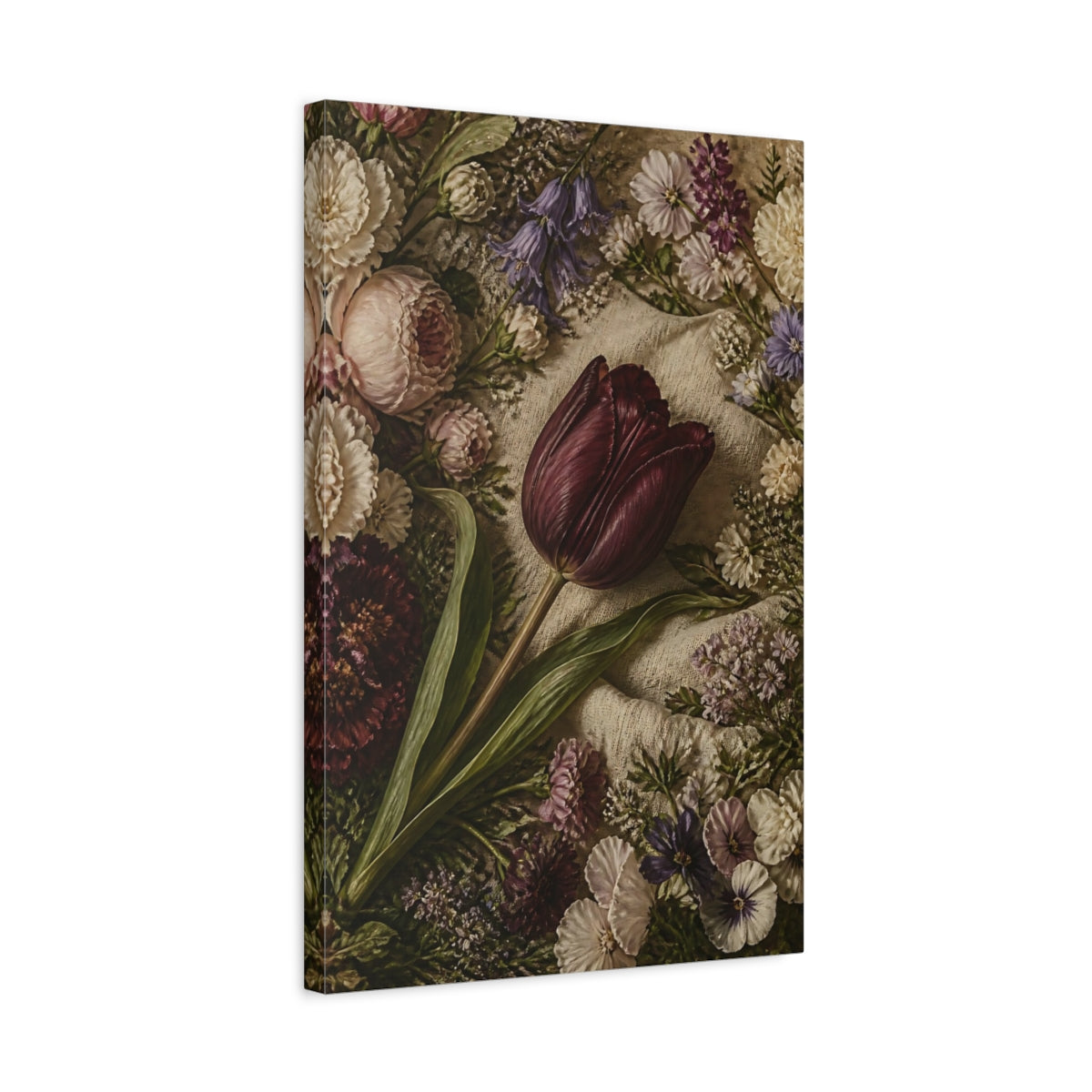 Side Mockup 3. Floral Dark Tulip Dark Floral shown as stretched canvas wall art