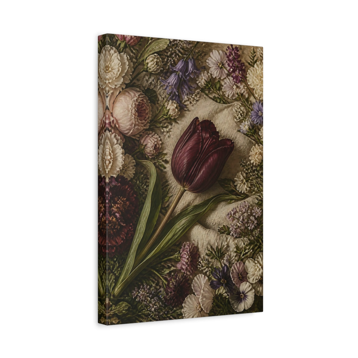 Side Mockup 4. Floral Dark Tulip Dark Floral shown as stretched canvas wall art