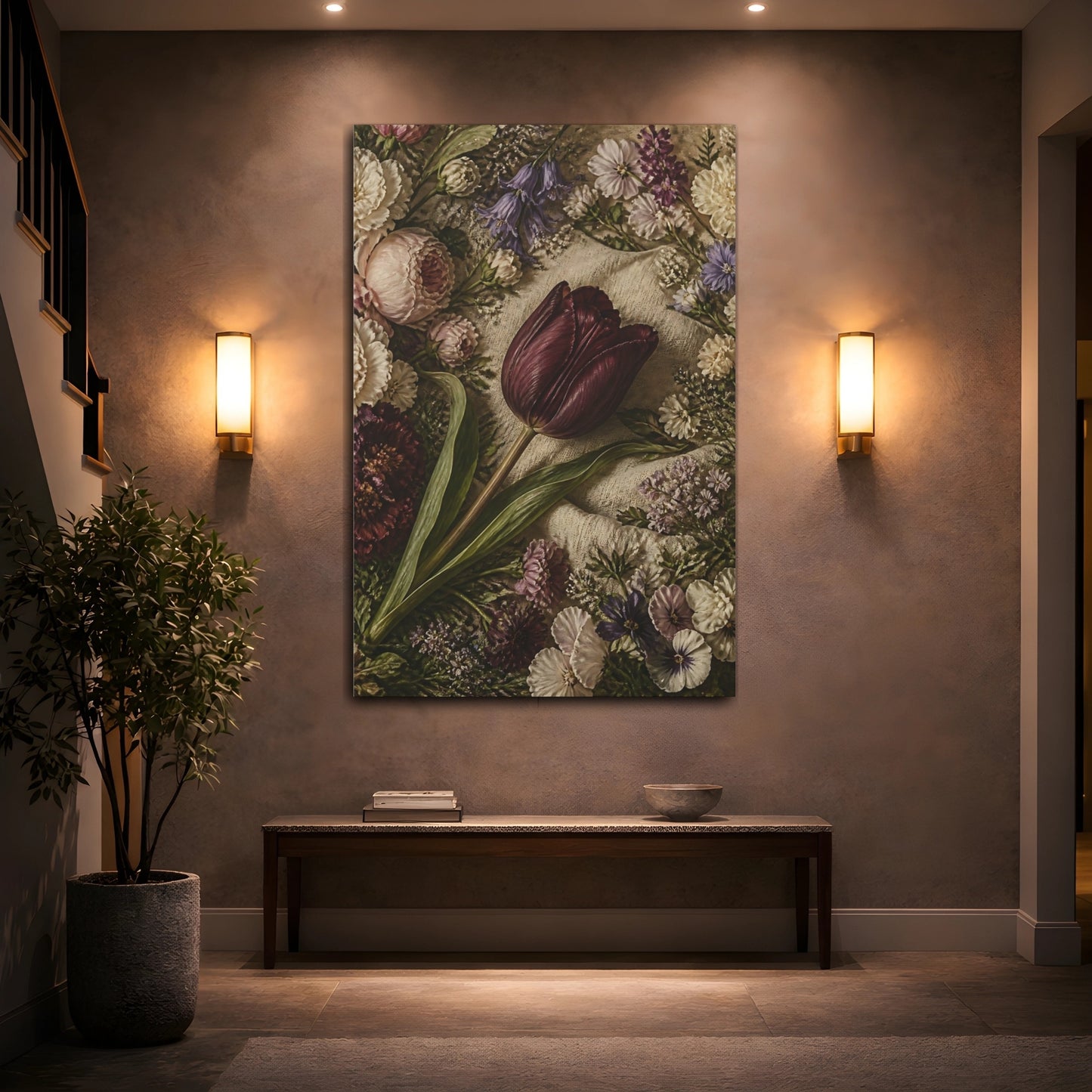 Mockup 2. Floral Dark Tulip Dark Floral shown as stretched canvas wall art