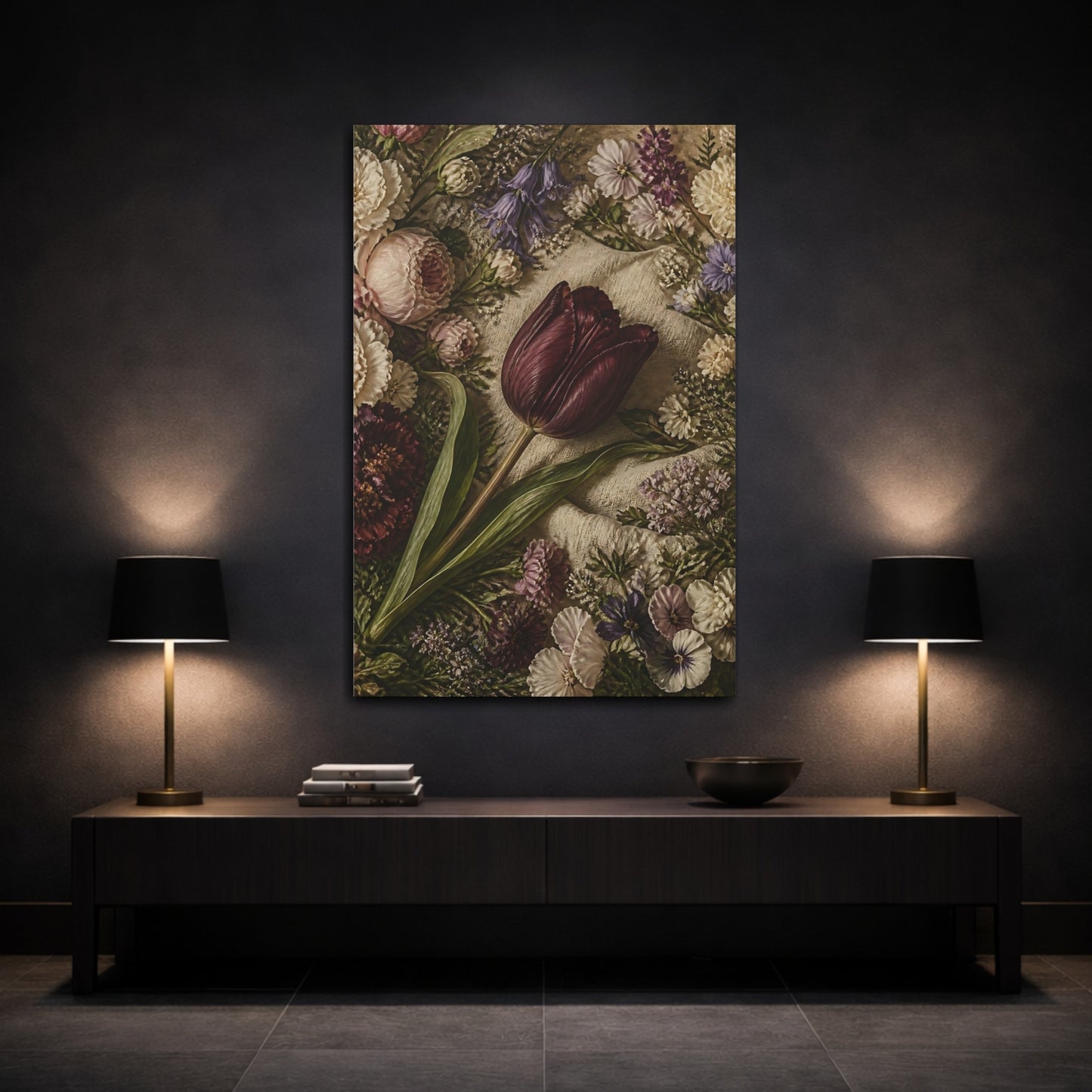Mockup 3. Floral Dark Tulip Dark Floral shown as stretched canvas wall art