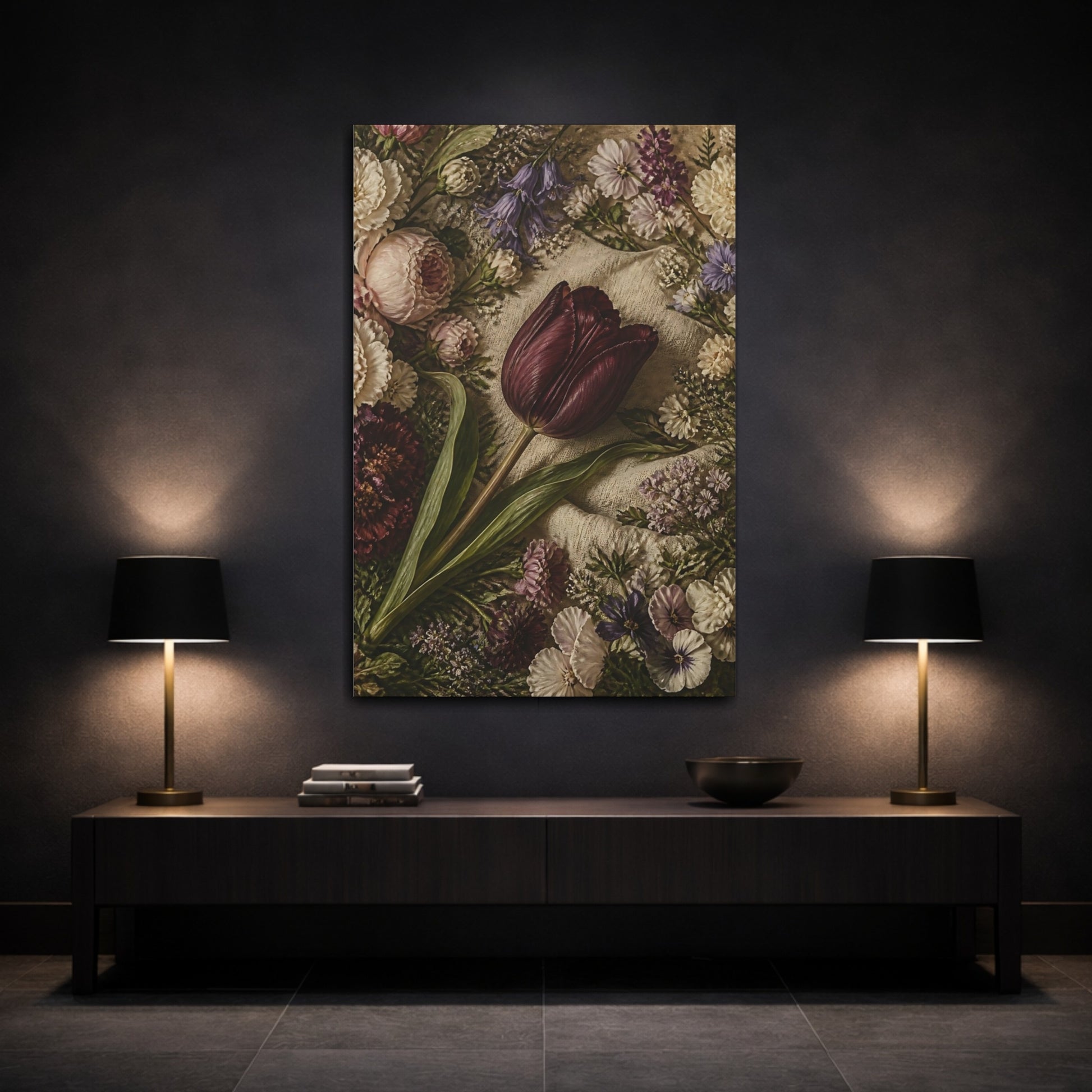 Mockup 3. Floral Dark Tulip Dark Floral shown as stretched canvas wall art