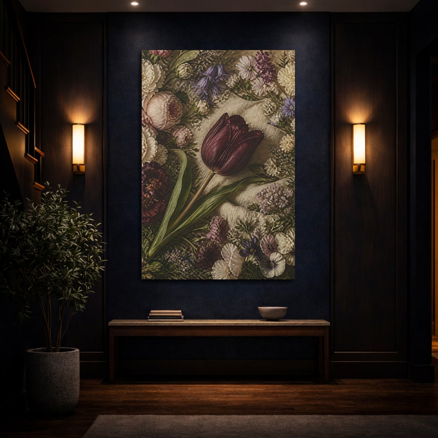 Mockup 4. Floral Dark Tulip Dark Floral shown as stretched canvas wall art