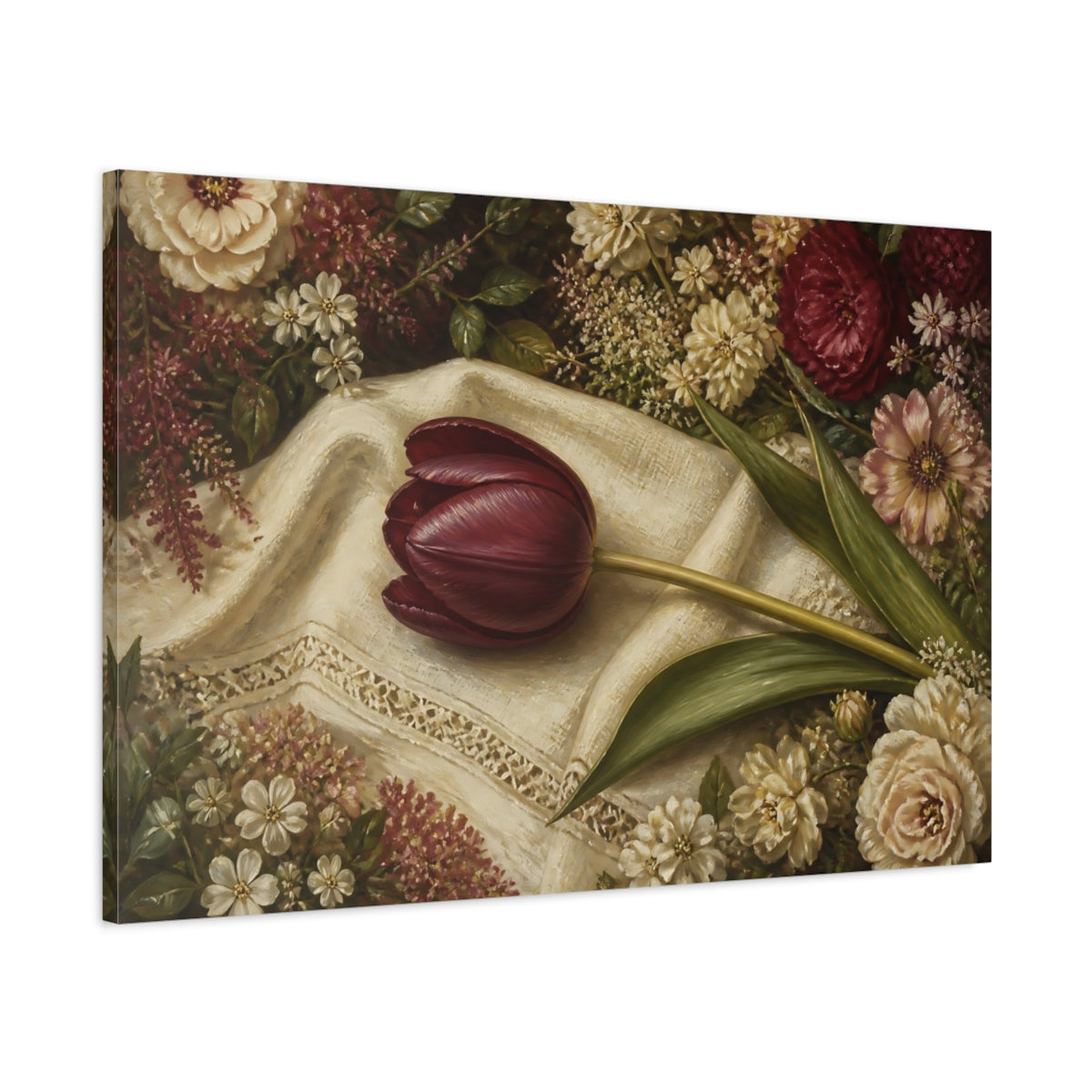 Main Mockup. Floral Dark Tulip Dark Tulip Floral shown as stretched canvas wall art