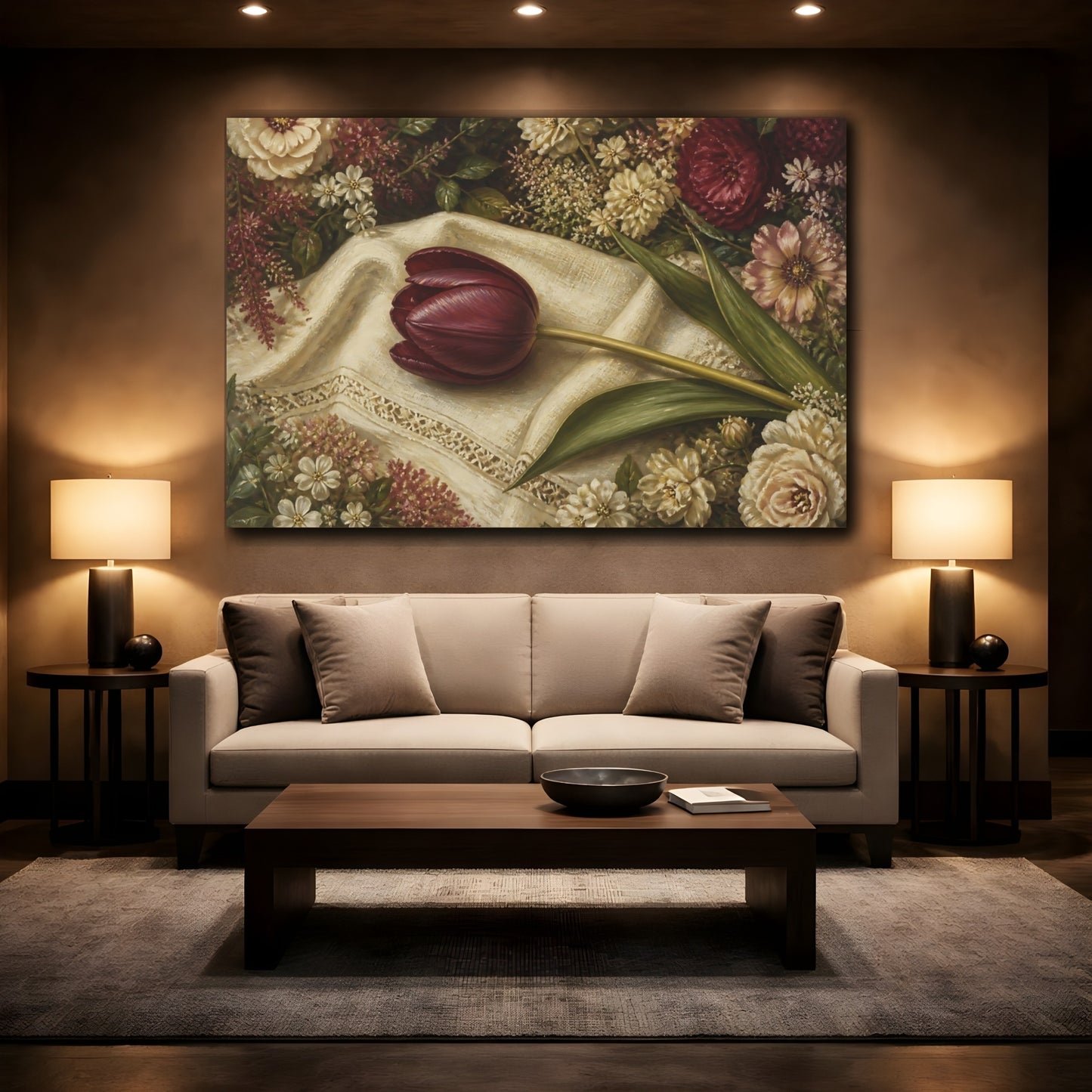 Mockup 2. Floral Dark Tulip Dark Tulip Floral shown as stretched canvas wall art
