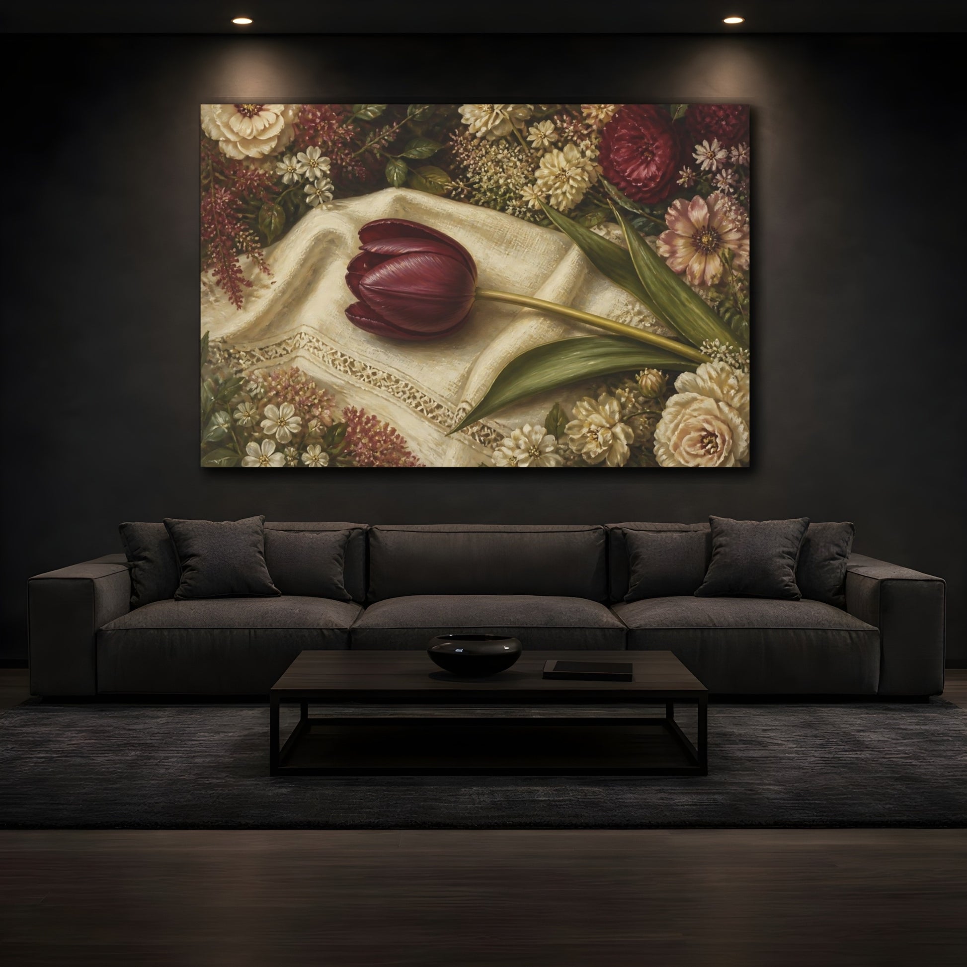 Mockup 3. Floral Dark Tulip Dark Tulip Floral shown as stretched canvas wall art