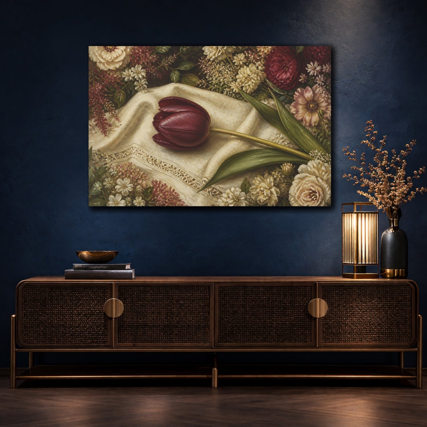 Mockup 4. Floral Dark Tulip Dark Tulip Floral shown as stretched canvas wall art