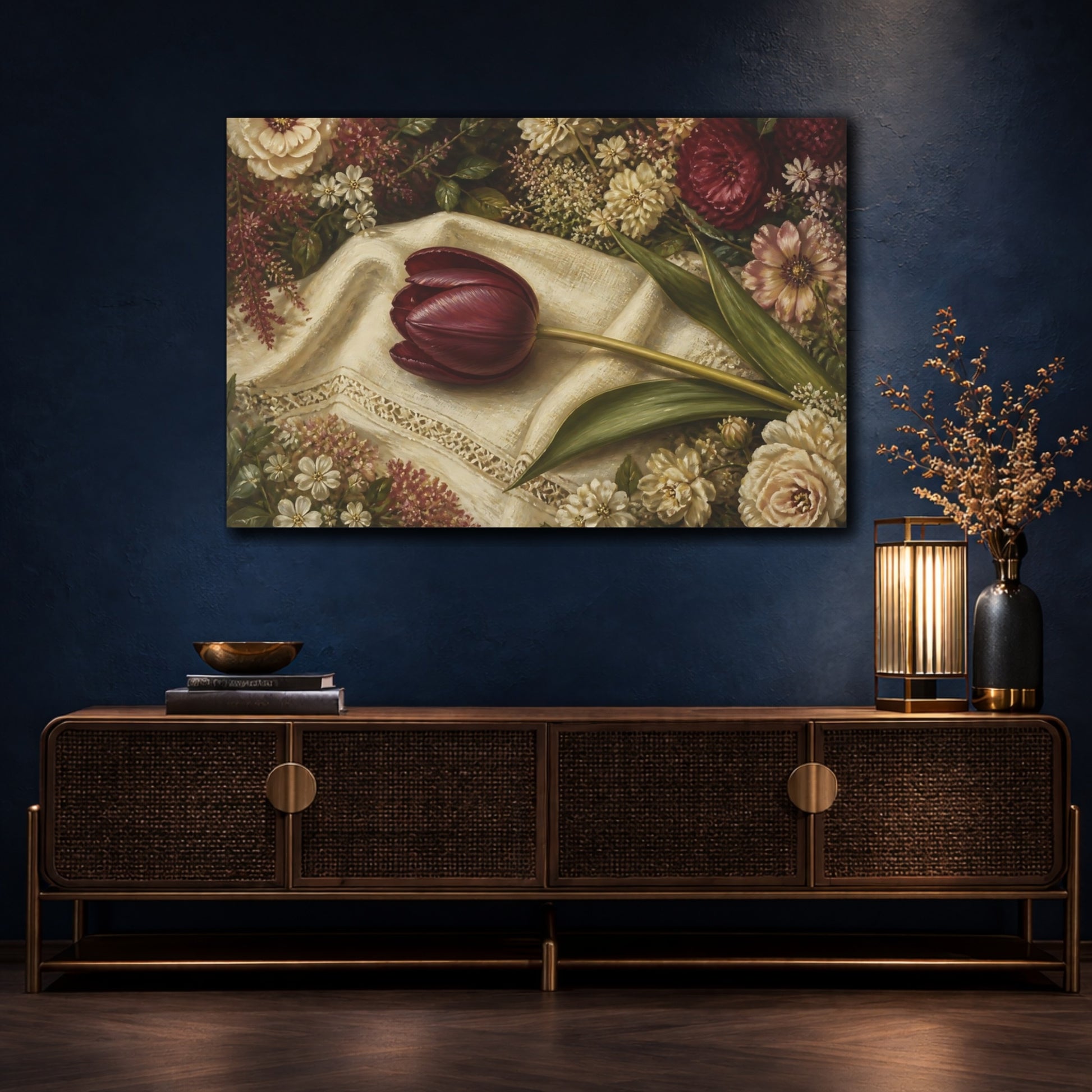 Mockup 4. Floral Dark Tulip Dark Tulip Floral shown as stretched canvas wall art