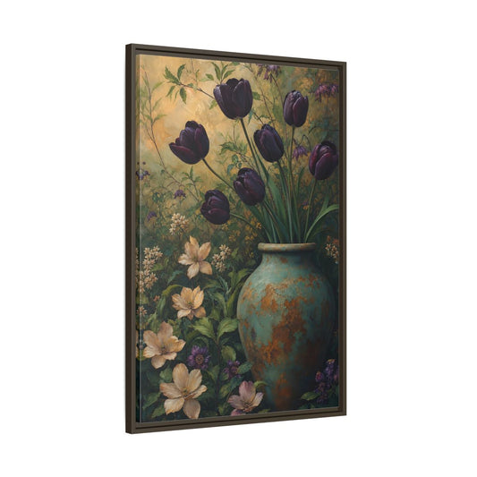 Main Mockup. Floral Dark Tulips Dark Floral Vintage shown as stretched canvas wall art