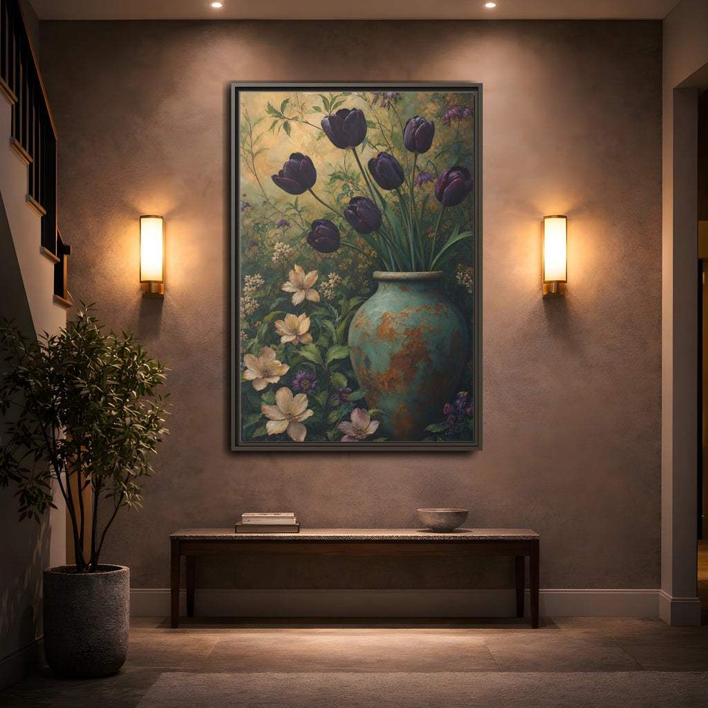 Mockup 2. Floral Dark Tulips Dark Floral Vintage shown as stretched canvas wall art