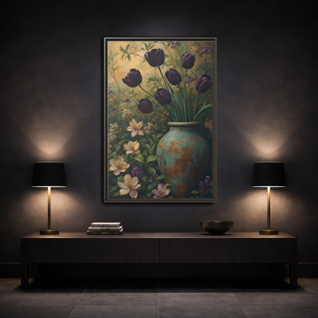 Mockup 3. Floral Dark Tulips Dark Floral Vintage shown as stretched canvas wall art