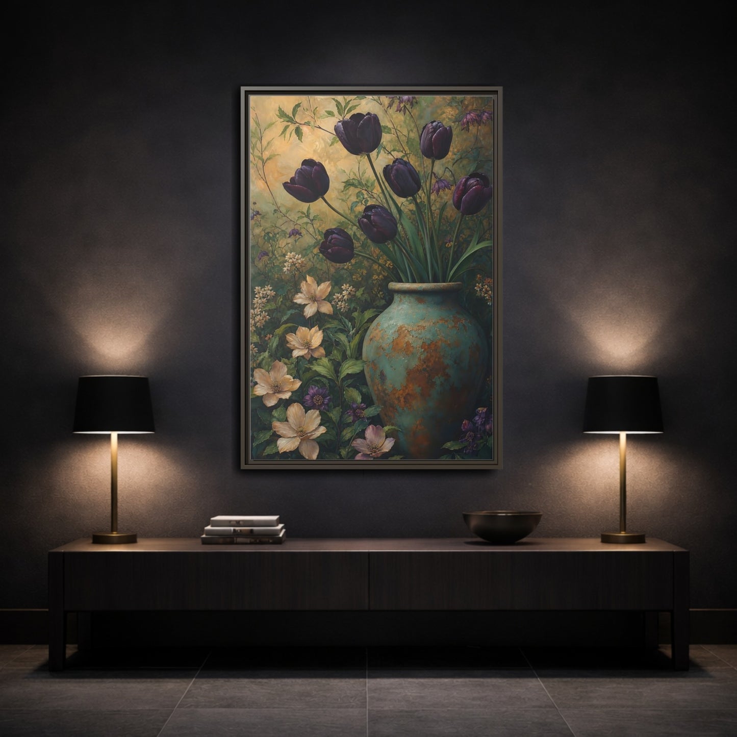 Mockup 3. Floral Dark Tulips Dark Floral Vintage shown as stretched canvas wall art