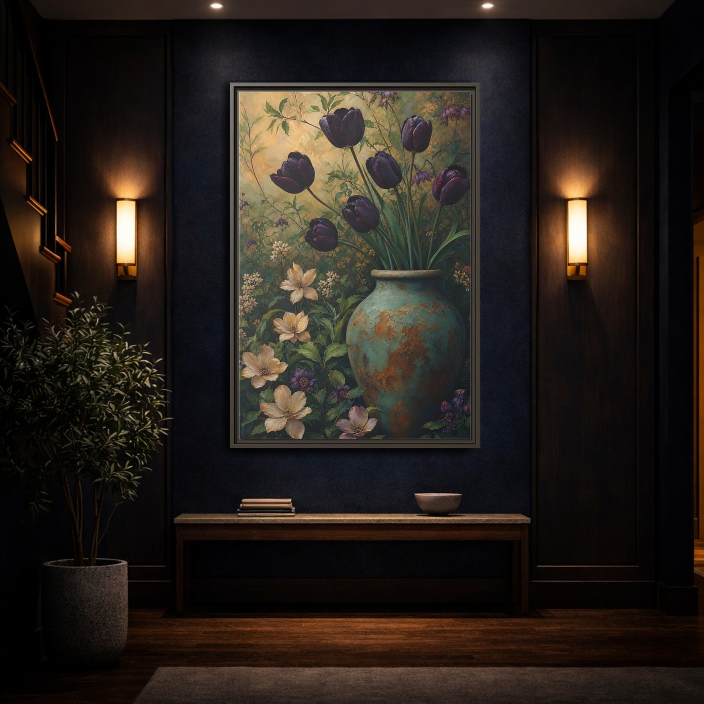Mockup 4. Floral Dark Tulips Dark Floral Vintage shown as stretched canvas wall art