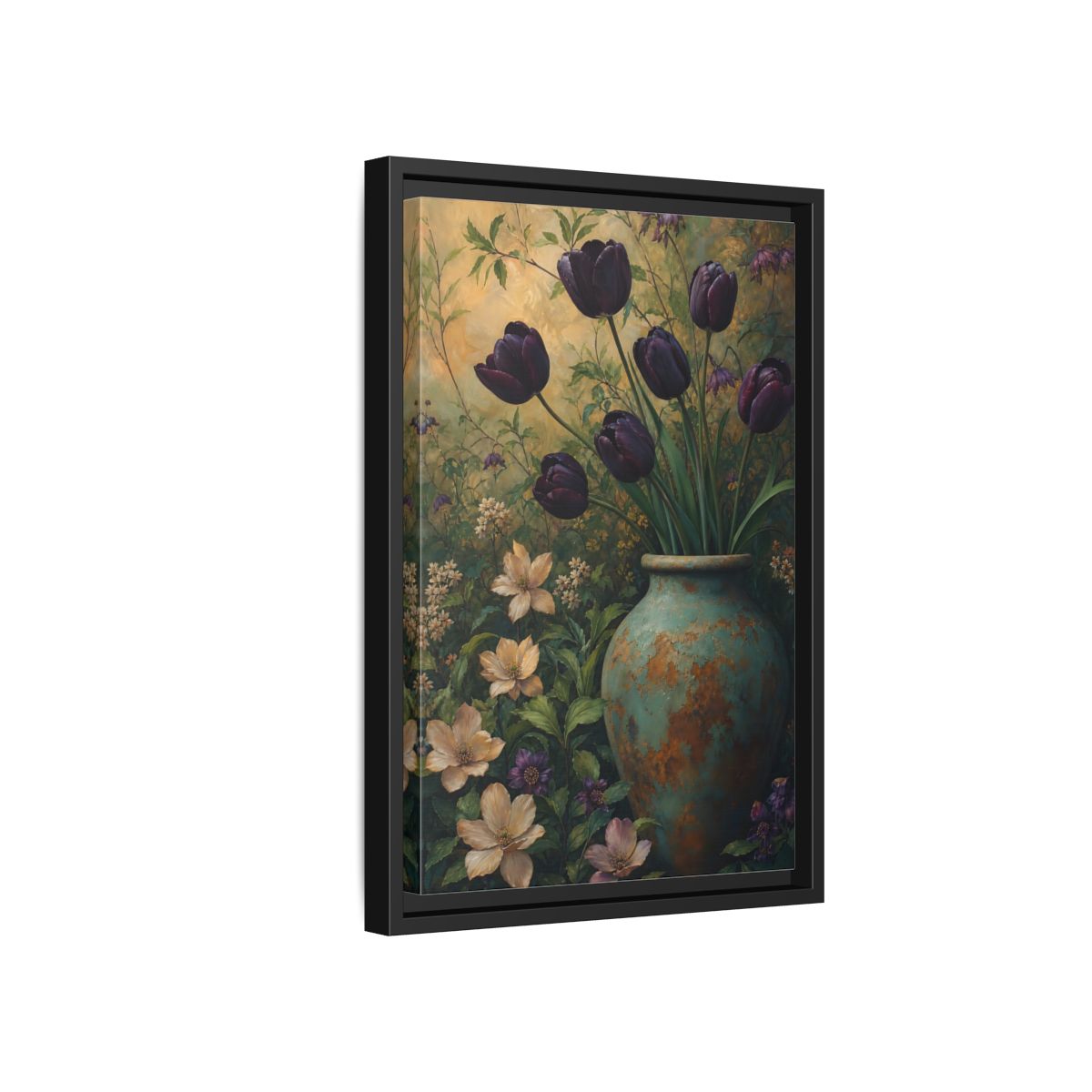 Side Mockup 6. Floral Dark Tulips Dark Floral Vintage shown as stretched canvas wall art