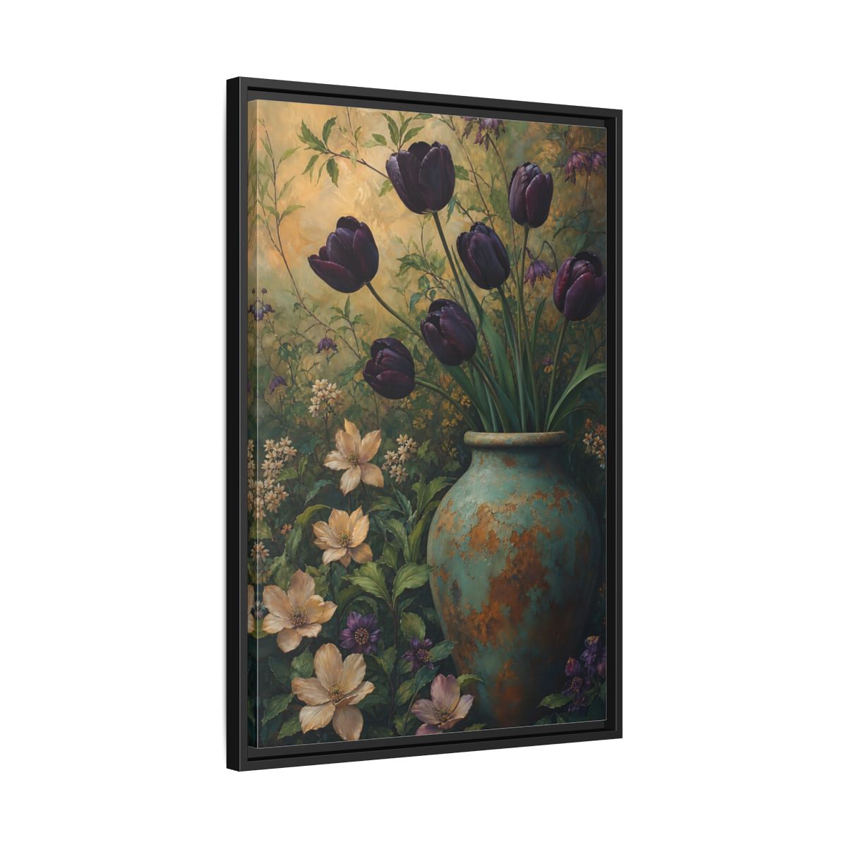 Side Mockup 14. Floral Dark Tulips Dark Floral Vintage shown as stretched canvas wall art