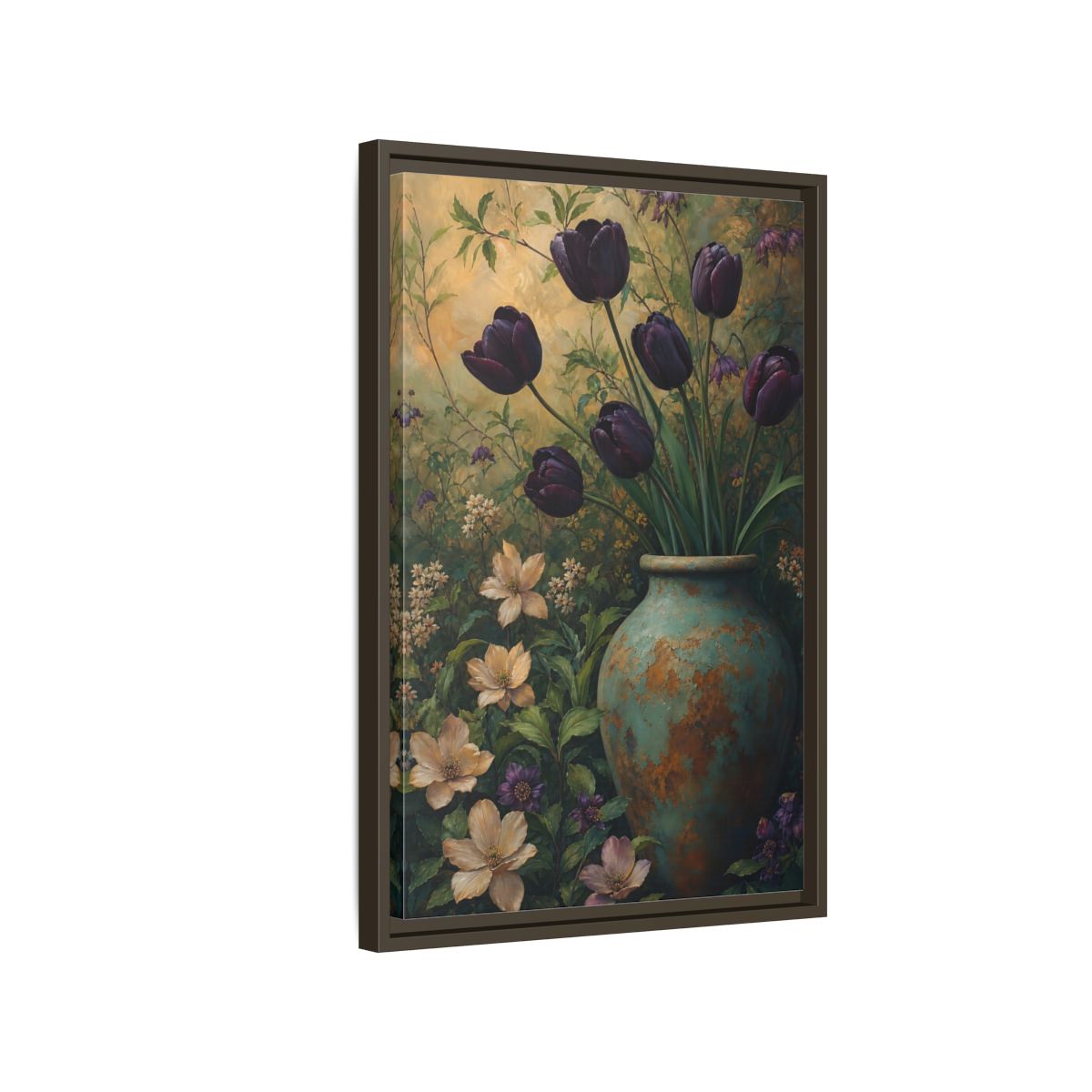 Side Mockup 2. Floral Dark Tulips Dark Floral Vintage shown as stretched canvas wall art