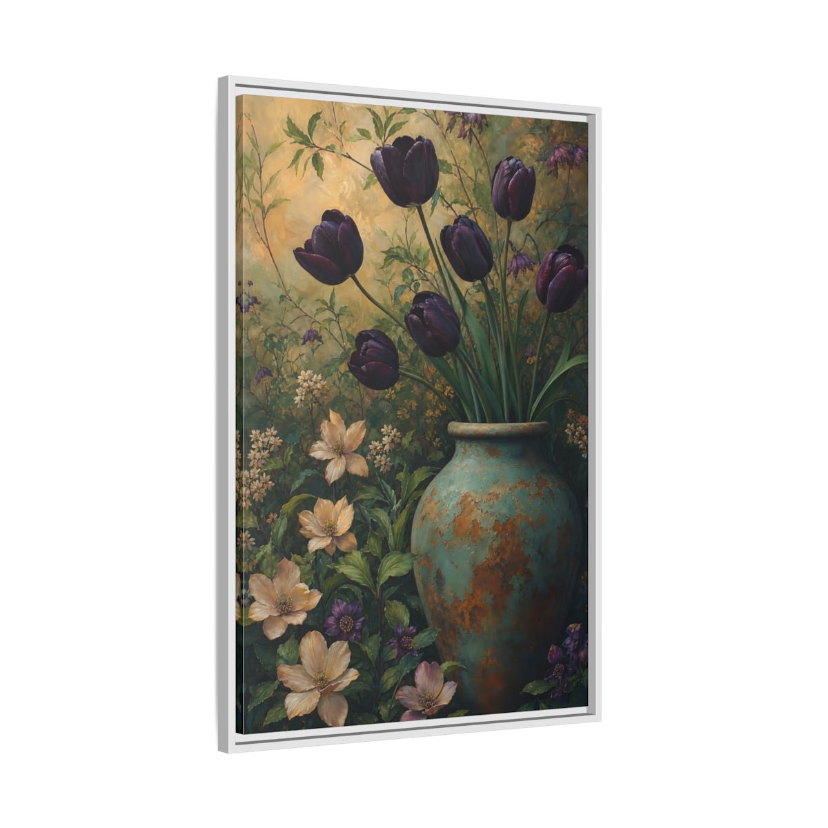 Side Mockup 9. Floral Dark Tulips Dark Floral Vintage shown as stretched canvas wall art