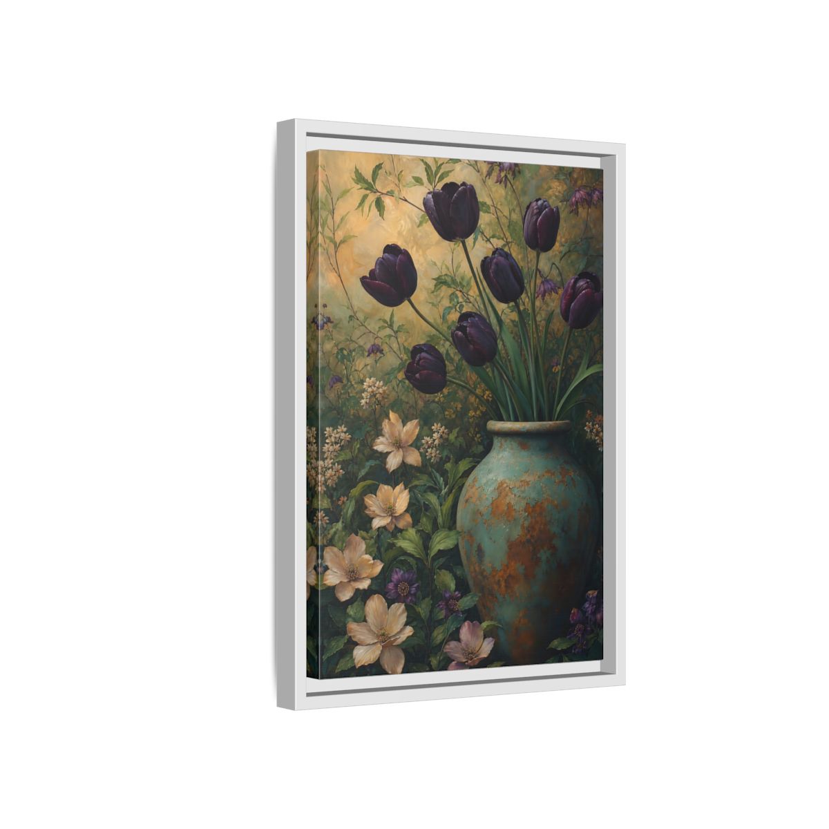 Side Mockup 4. Floral Dark Tulips Dark Floral Vintage shown as stretched canvas wall art