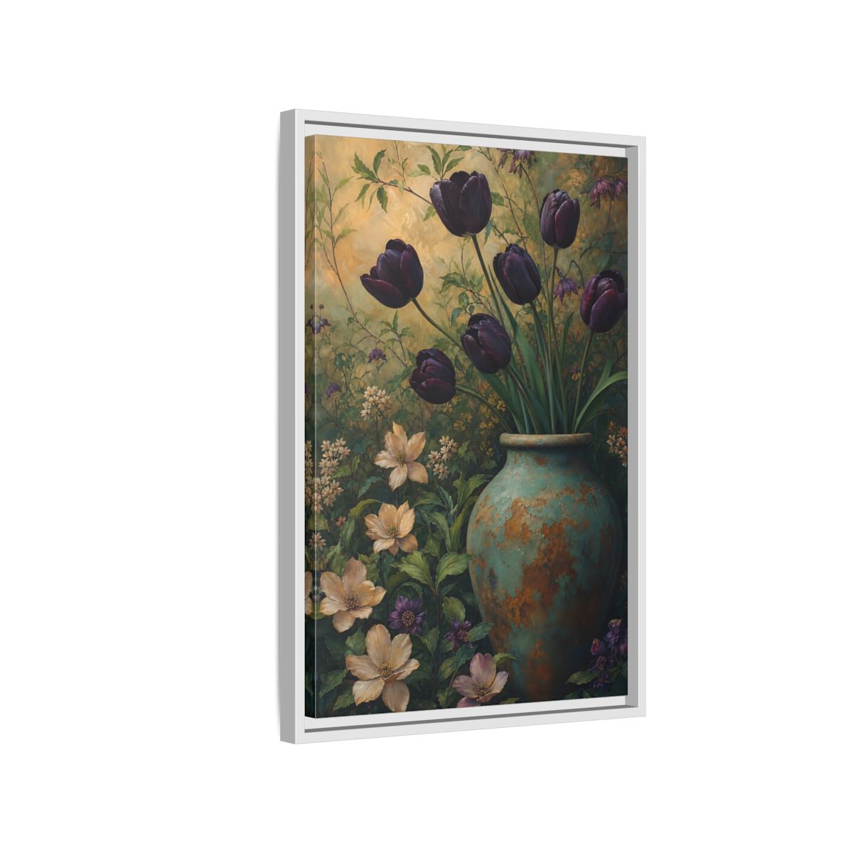 Side Mockup 1. Floral Dark Tulips Dark Floral Vintage shown as stretched canvas wall art