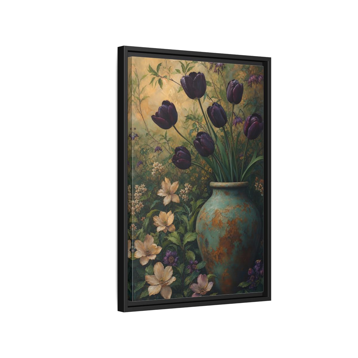 Side Mockup 3. Floral Dark Tulips Dark Floral Vintage shown as stretched canvas wall art