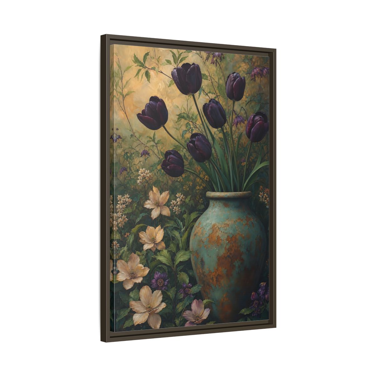 Side Mockup 11. Floral Dark Tulips Dark Floral Vintage shown as stretched canvas wall art